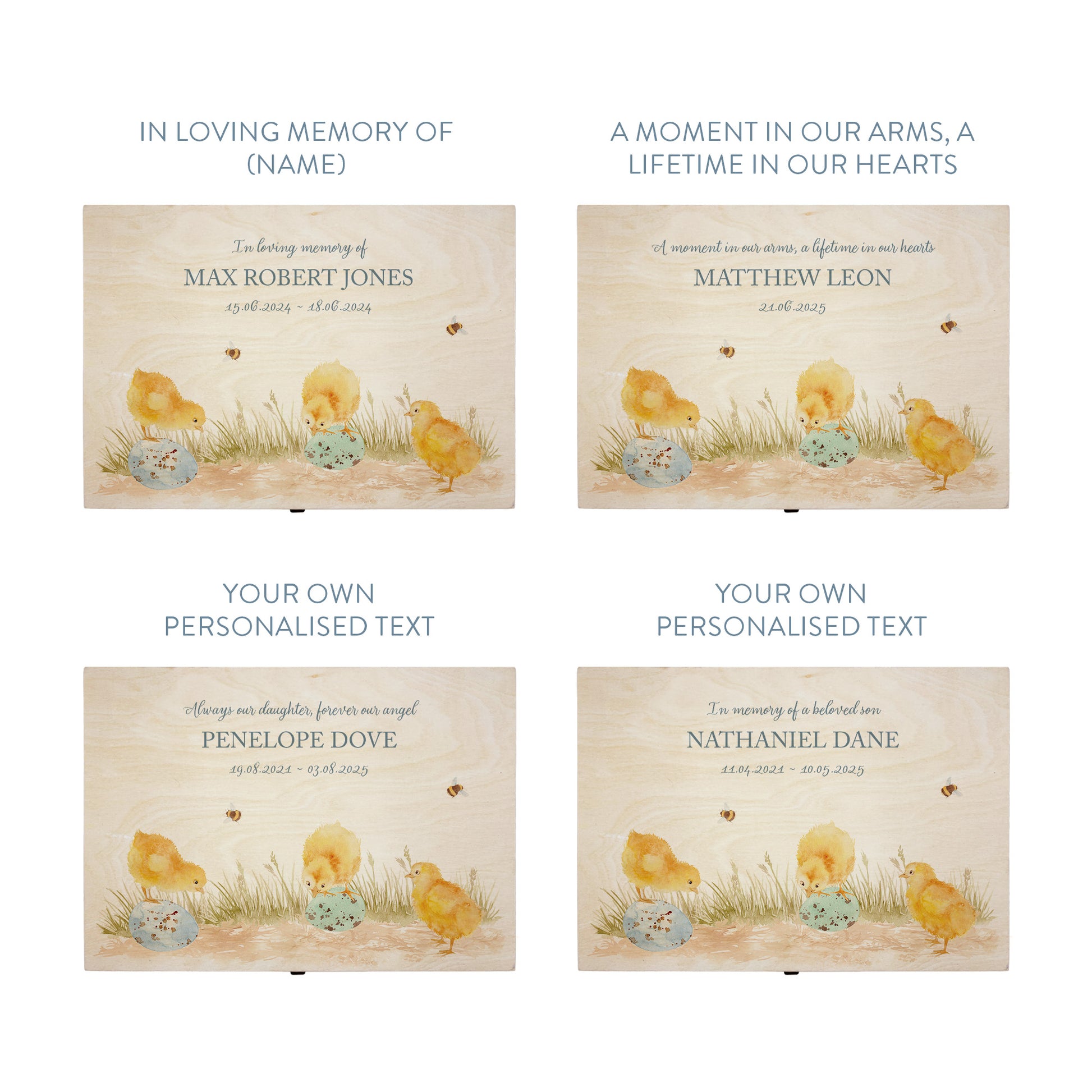 Wooden box with a decorative lid featuring illustrations Baby chicks Perfect funeral memory keepsake box, for storing ashes, order of service, flowers and coping with baby loss capturing your loved ones things in one place