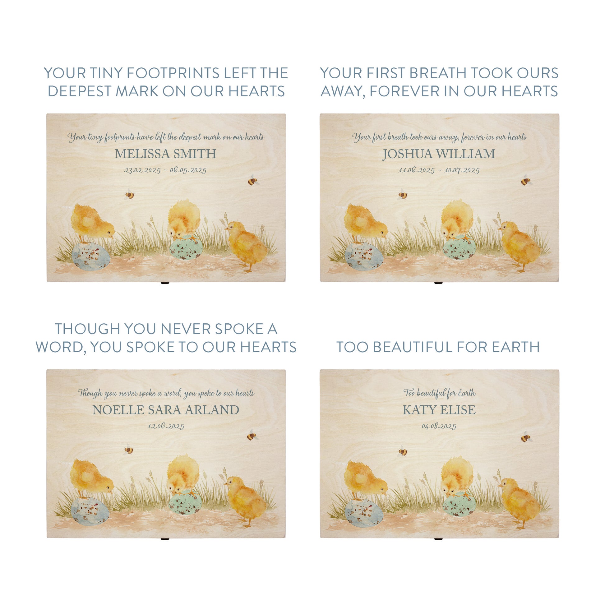 Wooden box with a decorative lid featuring illustrations Baby chicks Perfect funeral memory keepsake box, for storing ashes, order of service, flowers and coping with baby loss capturing your loved ones things in one place