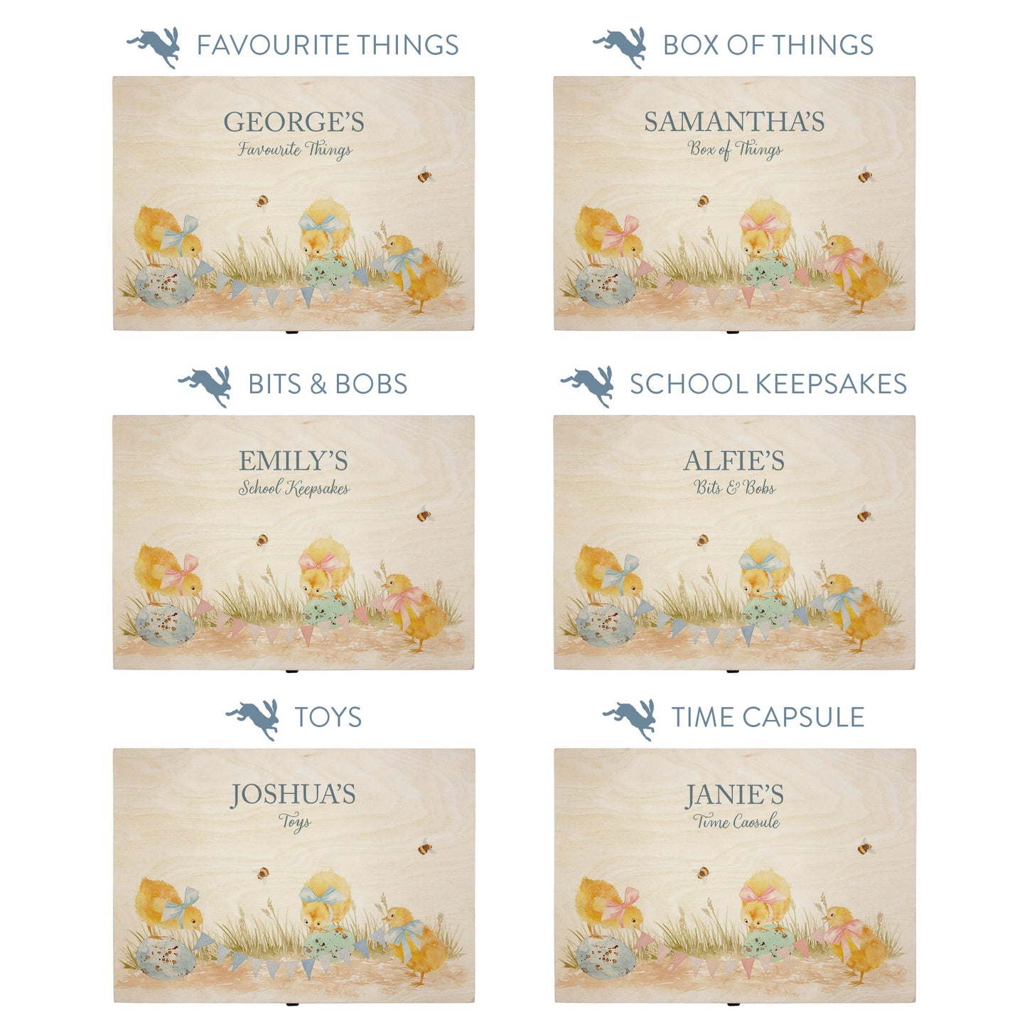 This baby animal design can be personalised by adding a beautiful bunting and a luxurious bow around their necks in blue or pink. Add the extra special touch to your special occasion. This pictures shows examples of some different ways to personalise your beautiful gift box for your friend, loved one and little person in your life. "Box of things" "School keepsakes" "Time Capsule" "Favourite things" "Bits and Bobs" "Toys" "Christening memory box"
