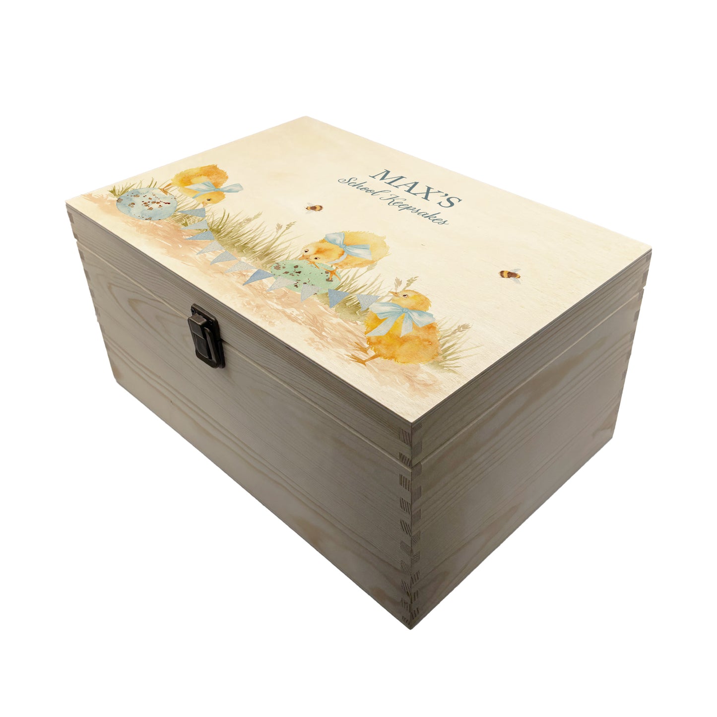 Large sized wooden pine personalised keepsake box. The design theme is perfect for New babies, Welcome to the world, baby showers and christenings. This design has baby Chicks playing on some giant speckled eggs nestle in grass with a buzzy Bee flying around. This design can be personalised by adding a beautiful bunting and a luxurious bow around their necks in blue or pink. Add the extra special touch to your special occasion.