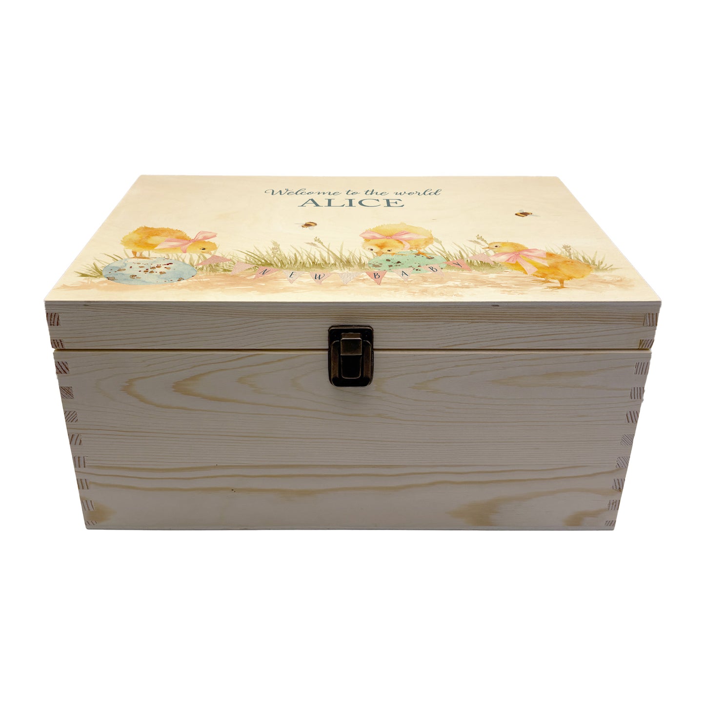 Large sized wooden pine personalised keepsake box. The design theme is perfect for New babies, Welcome to the world, baby showers and christenings. This design has baby Chicks playing on some giant speckled eggs nestle in grass with a buzzy Bee flying around. This design can be personalised by adding a beautiful bunting and a luxurious bow around their necks in blue or pink. Add the extra special touch to your special occasion.