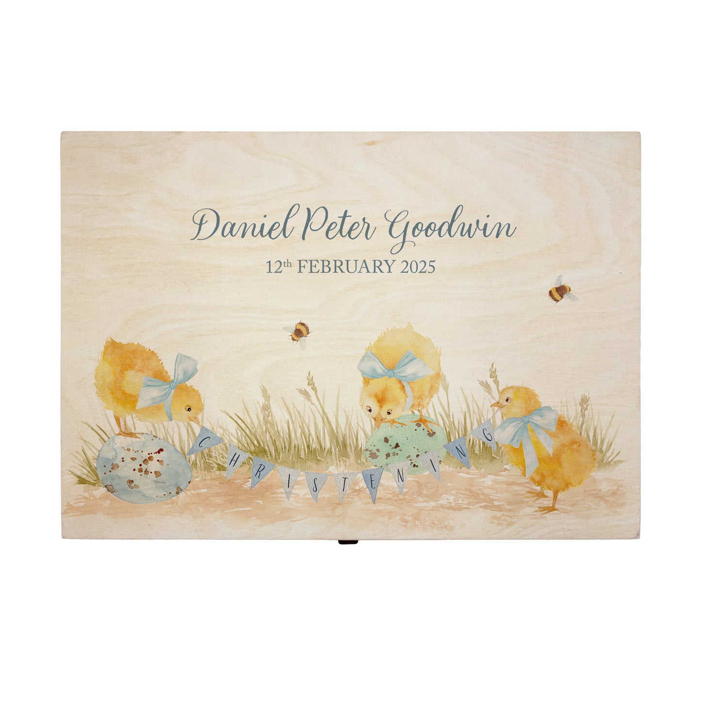 Large sized wooden pine personalised keepsake box. The design theme is perfect for New babies, Welcome to the world, baby showers and christenings. This design has baby Chicks playing on some giant speckled eggs nestle in grass with a buzzy Bee flying around. This design can be personalised by adding a beautiful bunting and a luxurious bow around their necks in blue or pink. Add the extra special touch to your special occasion.