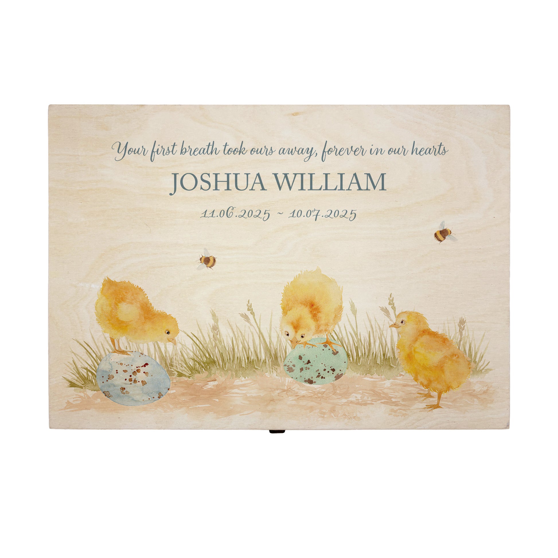 Wooden box with a decorative lid featuring illustrations Baby chicks Perfect funeral memory keepsake box, for storing ashes, order of service, flowers and coping with baby loss capturing your loved ones things in one place
