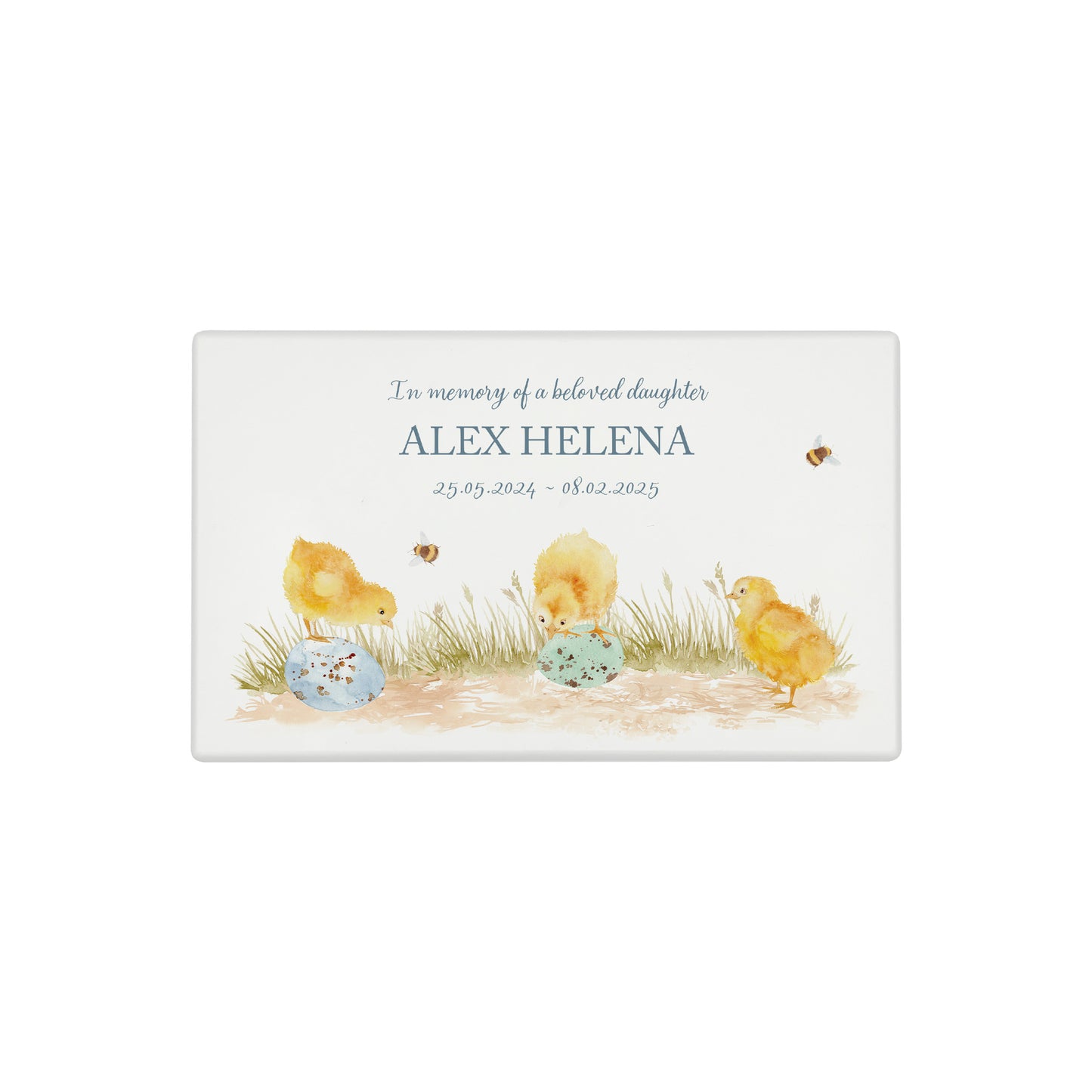 Luxury solid wooden white painted Urn , Featuring Baby Chicks, A watercolour illustration, our urns and Caskets for displaying or burying ashes. Customisable and can be personalised. Perfect funeral memory keepsake urn, for storing ashes for humans and pets. Coping with baby loss, baby memorial