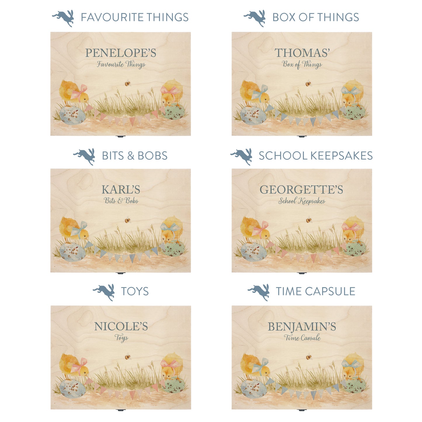 This baby animal design can be personalised by adding a beautiful bunting and a luxurious bow around their necks in blue or pink. Add the extra special touch to your special occasion. This pictures shows examples of some different ways to personalise your beautiful gift box for your friend, loved one and little person in your life. "Box of things" "School keepsakes" "Time Capsule" "Favourite things" "Bits and Bobs" "Toys" "Christening memory box"