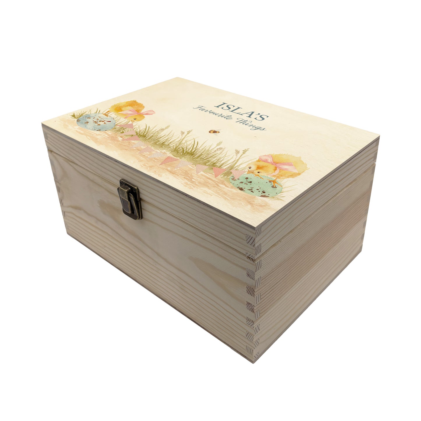 Medium sized wooden pine personalised keepsake box. The design theme is perfect for New babies, Welcome to the world, baby showers and christenings. This design has baby Chicks playing on some giant speckled eggs nestle in grass with a buzzy Bee flying around. This design can be personalised by adding a beautiful bunting and a luxurious bow around their necks in blue or pink. Add the extra special touch to your special occasion.