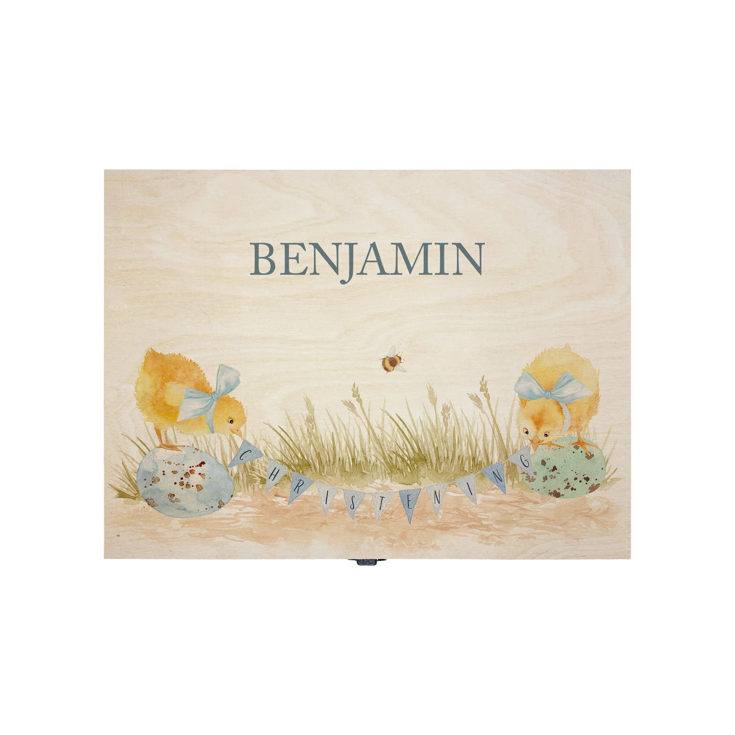 Medium sized wooden pine personalised keepsake box. The design theme is perfect for New babies, Welcome to the world, baby showers and christenings. This design has baby Chicks playing on some giant speckled eggs nestle in grass with a buzzy Bee flying around. This design can be personalised by adding a beautiful bunting and a luxurious bow around their necks in blue or pink. Add the extra special touch to your special occasion.