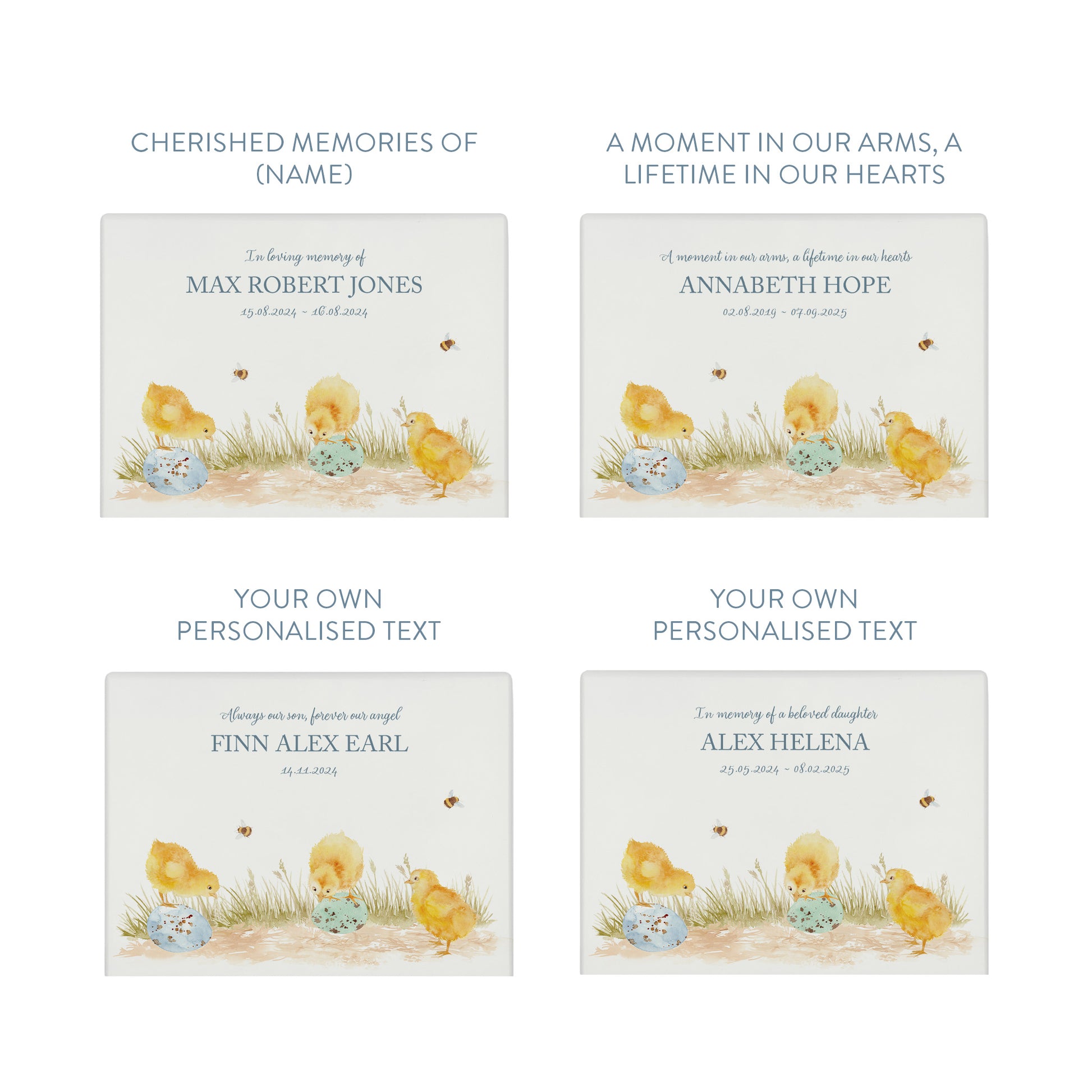 Luxury solid wooden white painted Urn  with Baby Chicks in a meadow sitting on eggs in a beautiful watercolour illustration our urns and Caskets for displaying or burying ashes. Customisable and can be personalised. Perfect funeral memory keepsake urn, for storing ashes for humans and pets. Coping with baby loss.