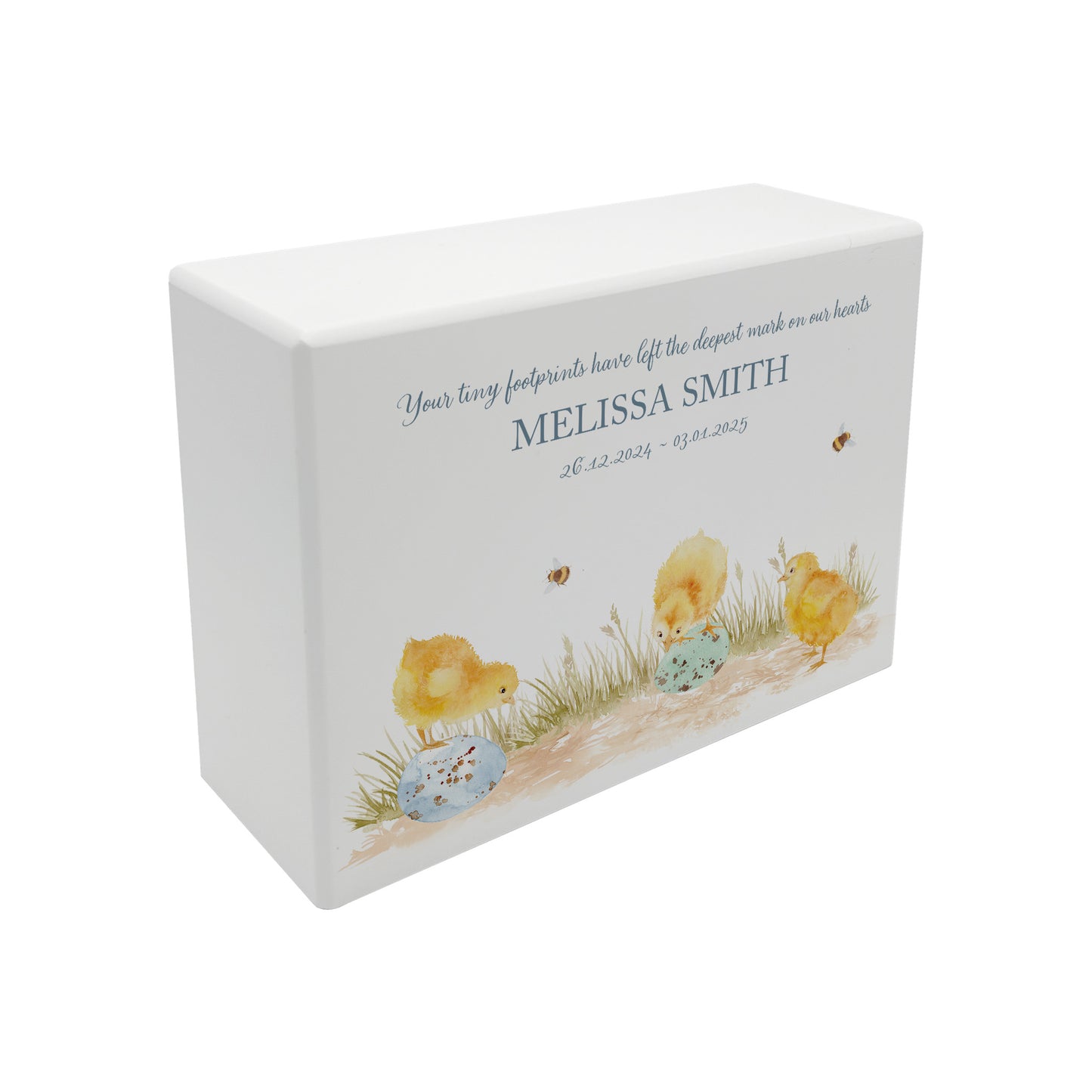 Luxury solid wooden white painted Urn with Baby Chicks in a meadow sitting on eggs in a beautiful watercolour illustration our urns and Caskets for displaying or burying ashes. Customisable and can be personalised. Perfect funeral memory keepsake urn, for storing ashes for humans and pets. Coping with baby loss.
