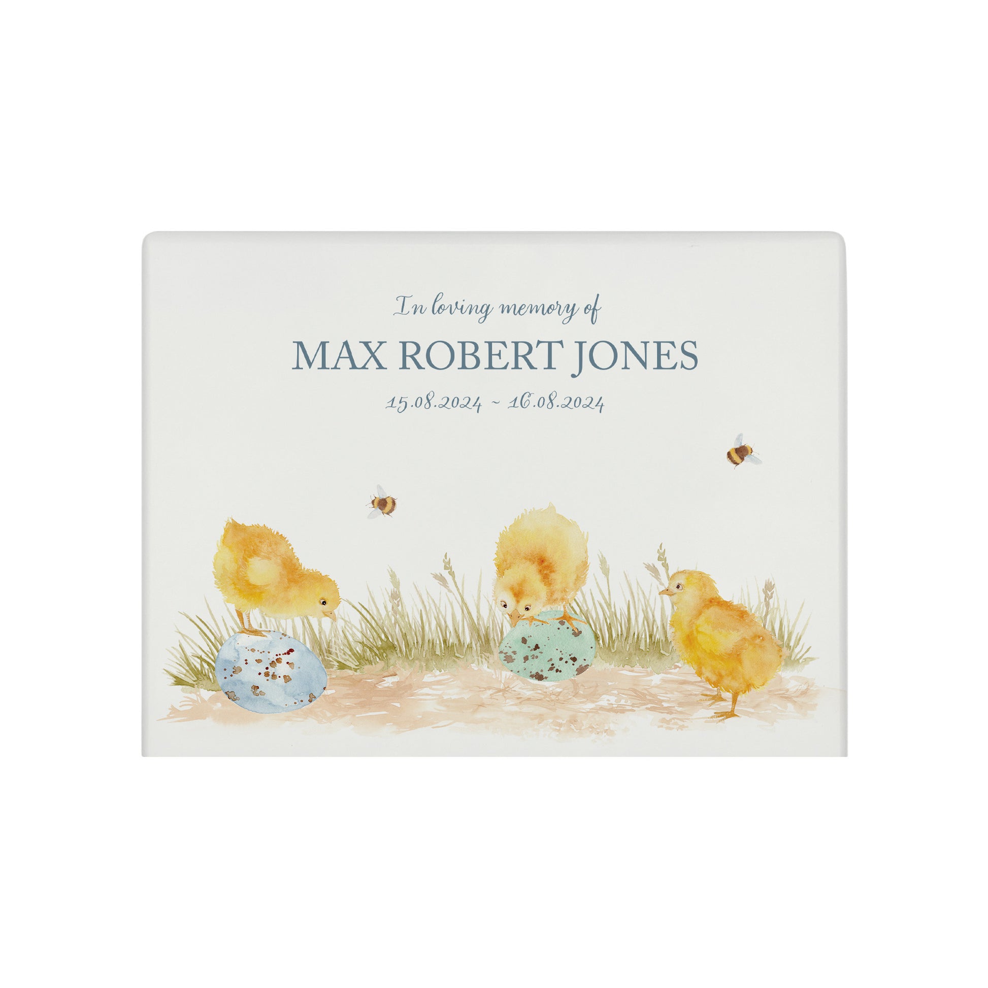 Luxury solid wooden white painted Urn  with Baby Chicks in a meadow sitting on eggs in a beautiful watercolour illustration our urns and Caskets for displaying or burying ashes. Customisable and can be personalised. Perfect funeral memory keepsake urn, for storing ashes for humans and pets. Coping with baby loss.