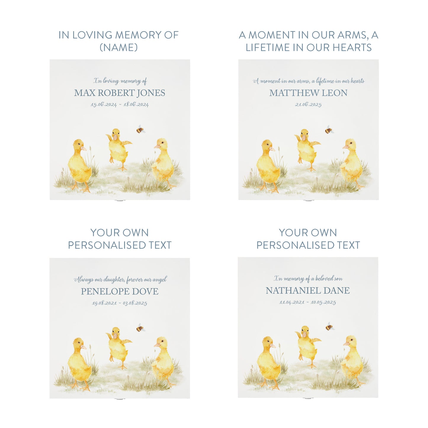 White Square personalised Wooden box with a decorative lid featuring illustrations Baby Ducklings Perfect funeral memory keepsake box, for storing ashes, order of service, flowers and coping with baby loss capturing your loved ones things in one place.