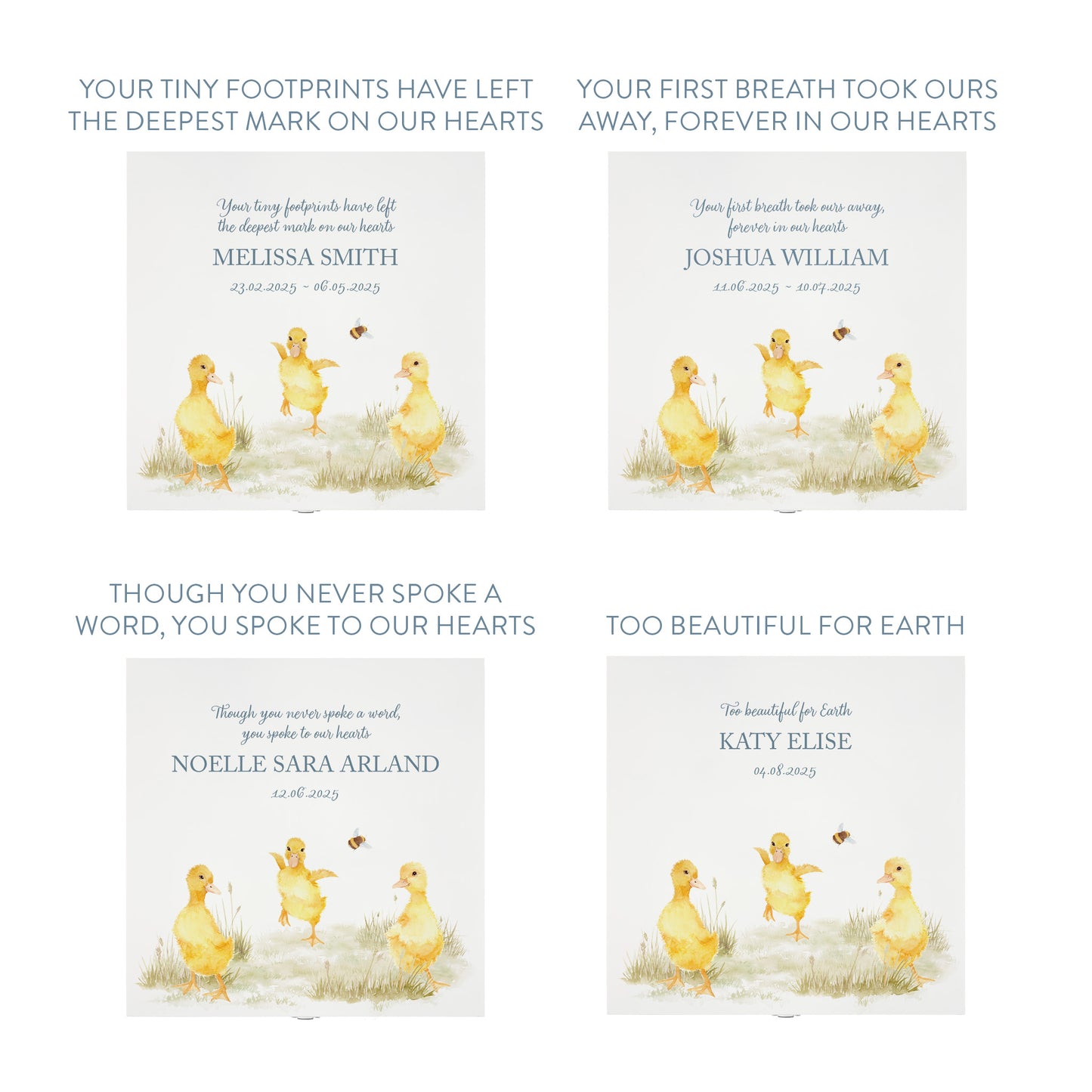 White Square personalised Wooden box with a decorative lid featuring illustrations Baby Ducklings Perfect funeral memory keepsake box, for storing ashes, order of service, flowers and coping with baby loss capturing your loved ones things in one place.