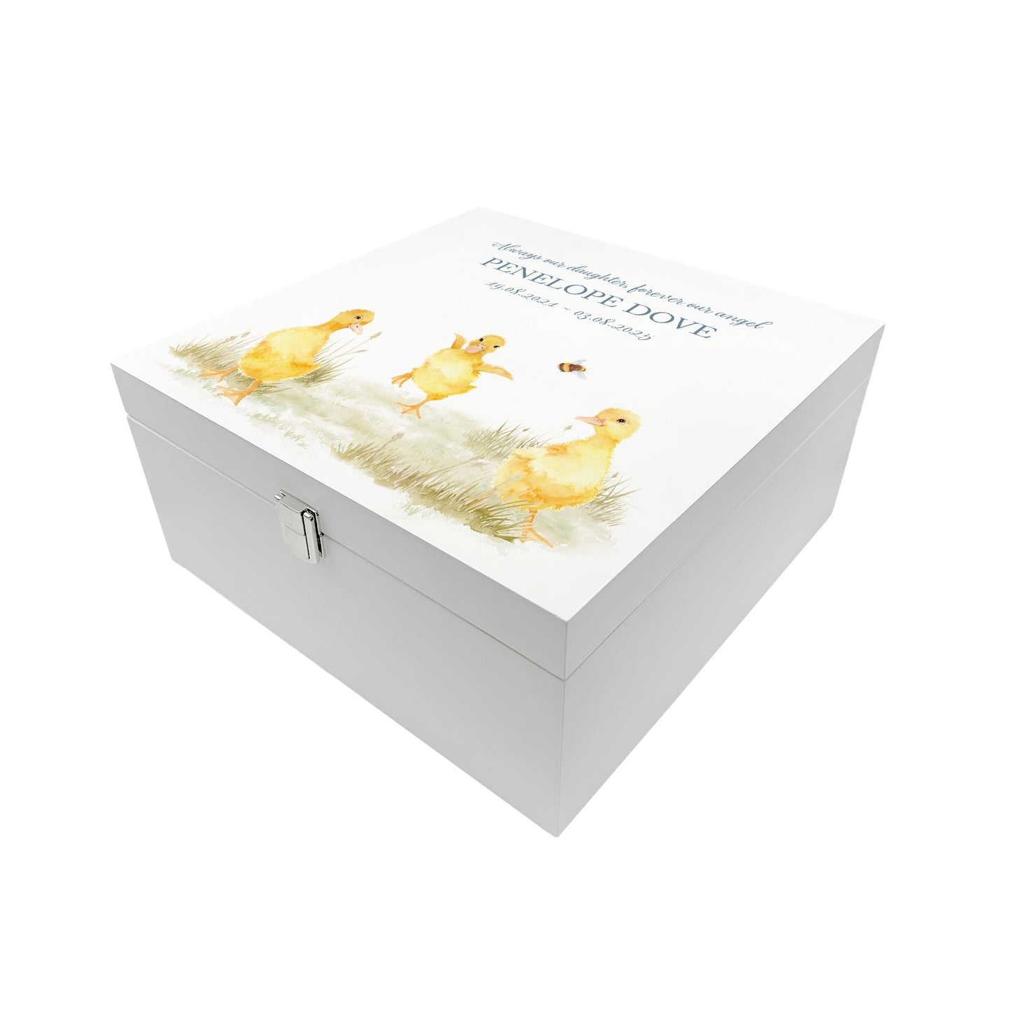 White Square personalised Wooden box with a decorative lid featuring illustrations Baby Ducklings Perfect funeral memory keepsake box, for storing ashes, order of service, flowers and coping with baby loss capturing your loved ones things in one place.