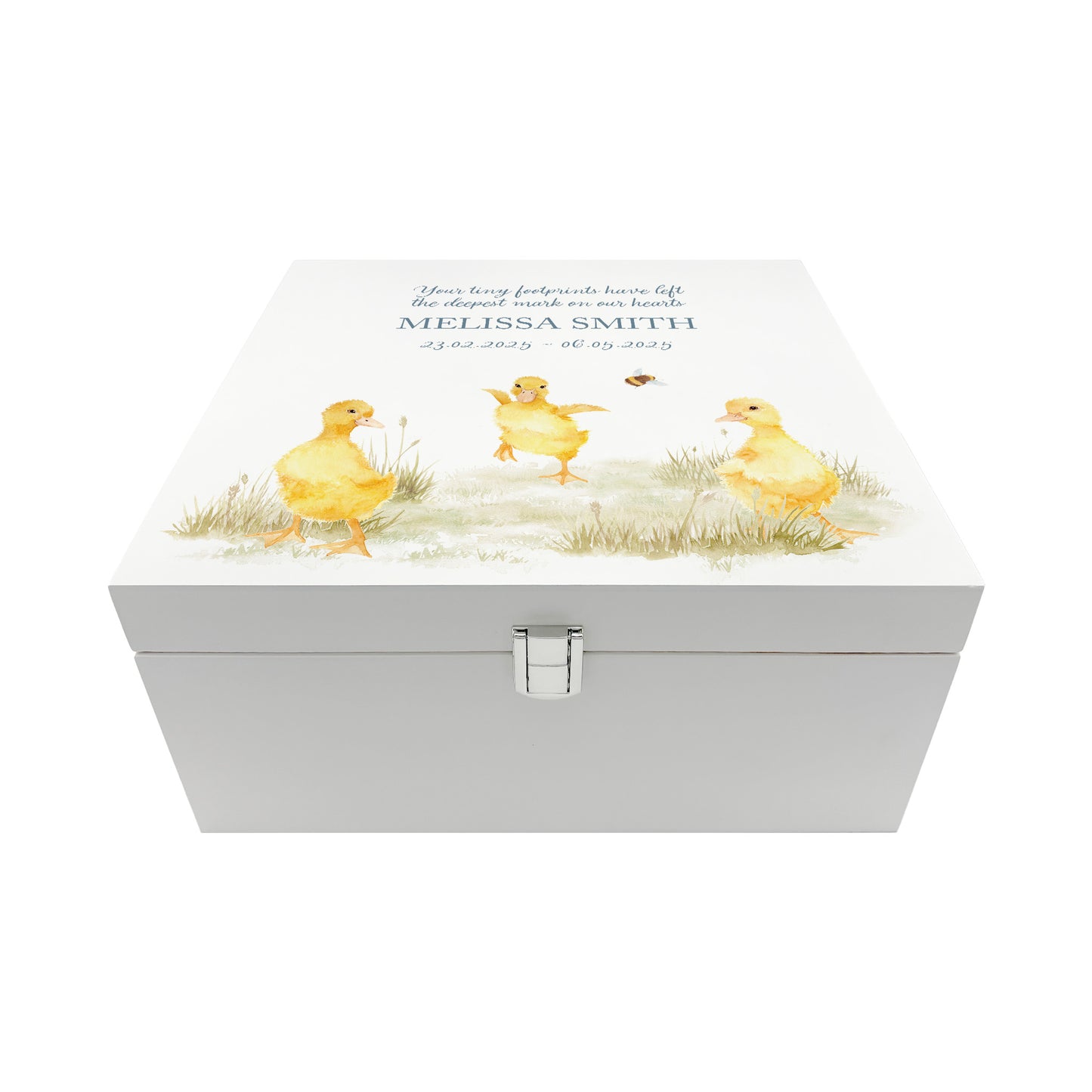 White Square personalised Wooden box with a decorative lid featuring illustrations Baby Ducklings Perfect funeral memory keepsake box, for storing ashes, order of service, flowers and coping with baby loss capturing your loved ones things in one place.