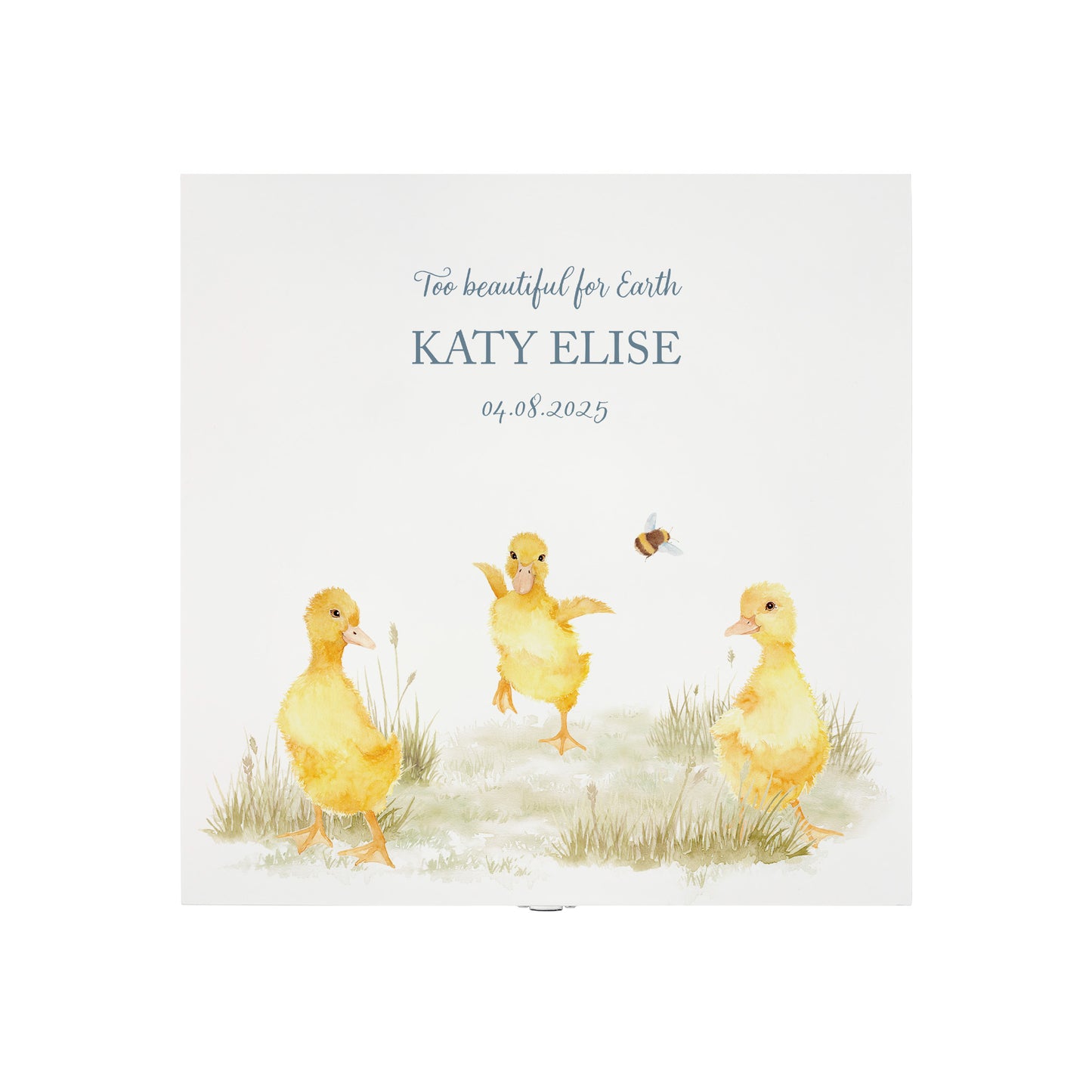 White Square personalised Wooden box with a decorative lid featuring illustrations Baby Ducklings Perfect funeral memory keepsake box, for storing ashes, order of service, flowers and coping with baby loss capturing your loved ones things in one place.