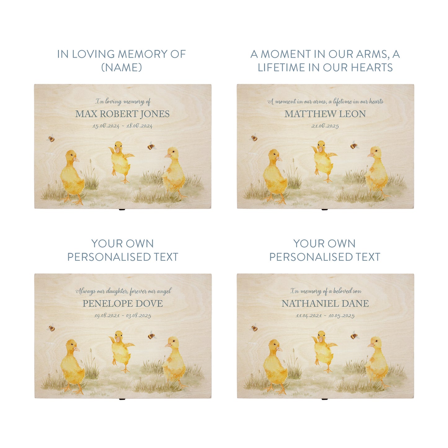 Wooden box with a decorative lid featuring illustrations Baby ducklings Perfect funeral memory keepsake box, for storing ashes, order of service, flowers and coping with baby loss capturing your loved ones things in one place