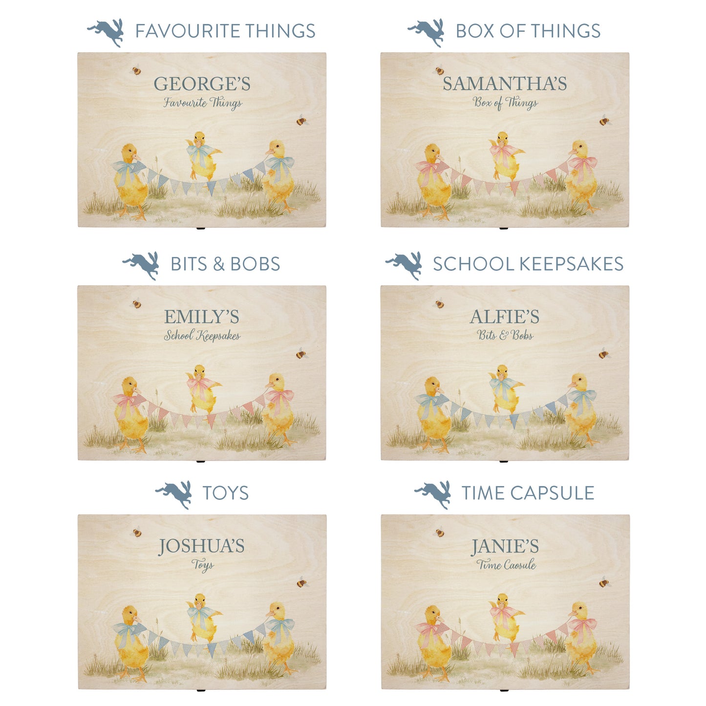 This baby animal design can be personalised by adding a beautiful bunting and a luxurious bow around their necks in blue or pink. Add the extra special touch to your special occasion. This pictures shows examples of some different ways to personalise your beautiful gift box for your friend, loved one and little person in your life. "Box of things" "School keepsakes" "Time Capsule" "Favourite things" "Bits and Bobs" "Toys" "Christening memory box"