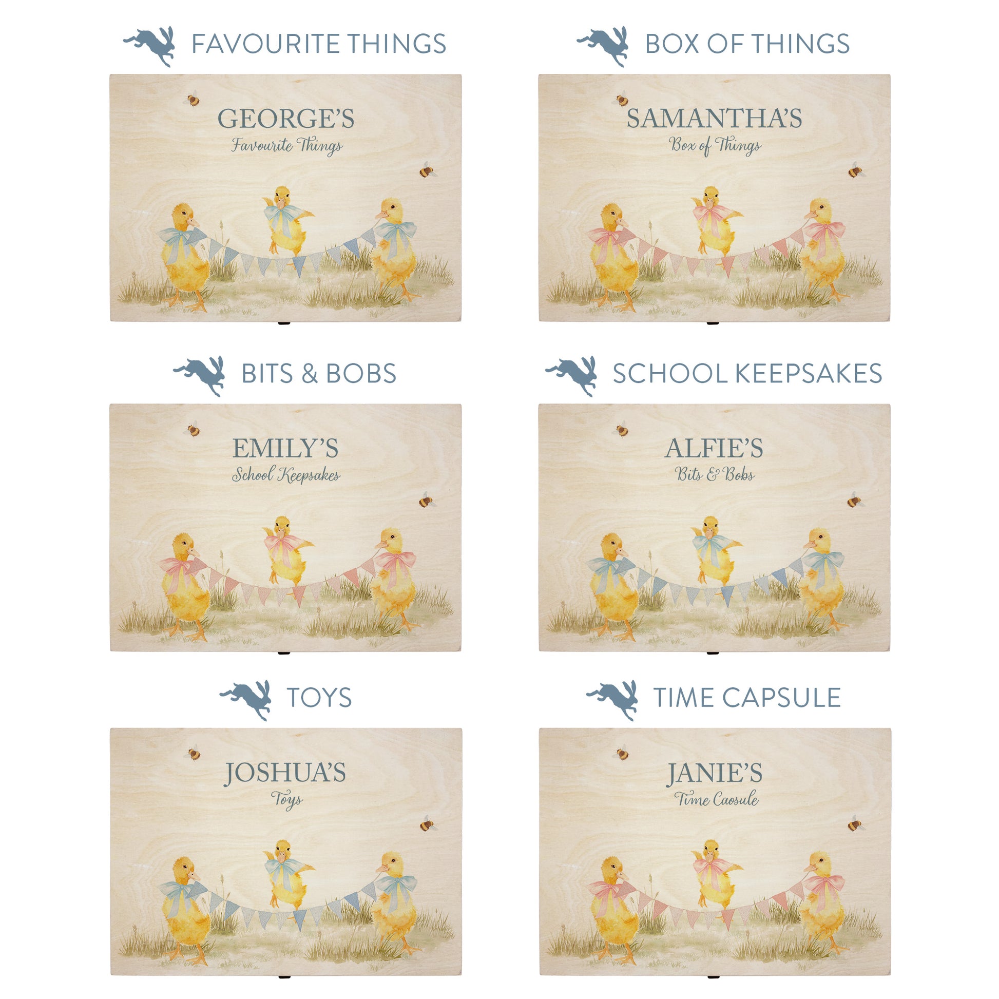 This baby animal design can be personalised by adding a beautiful bunting and a luxurious bow around their necks in blue or pink. Add the extra special touch to your special occasion.  This pictures shows examples of some different ways to personalise your beautiful gift box for your friend, loved one and little person in your life. "Box of things" "School keepsakes" "Time Capsule"  "Favourite things" "Bits and Bobs" "Toys" "Christening memory box"