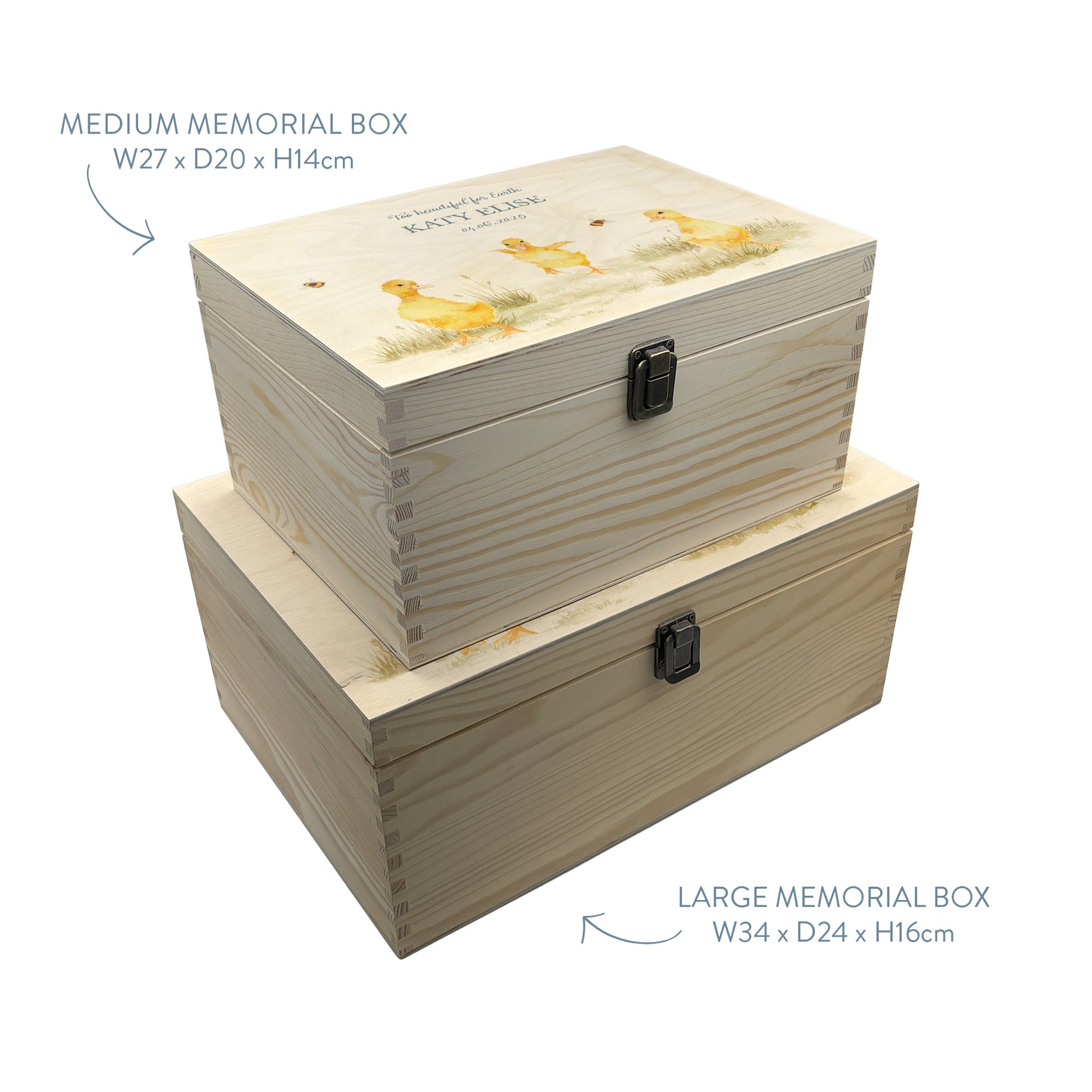 Wooden box with a decorative lid featuring illustrations Baby ducklings Perfect funeral memory keepsake box, for storing ashes, order of service, flowers and coping with baby loss capturing your loved ones things in one place