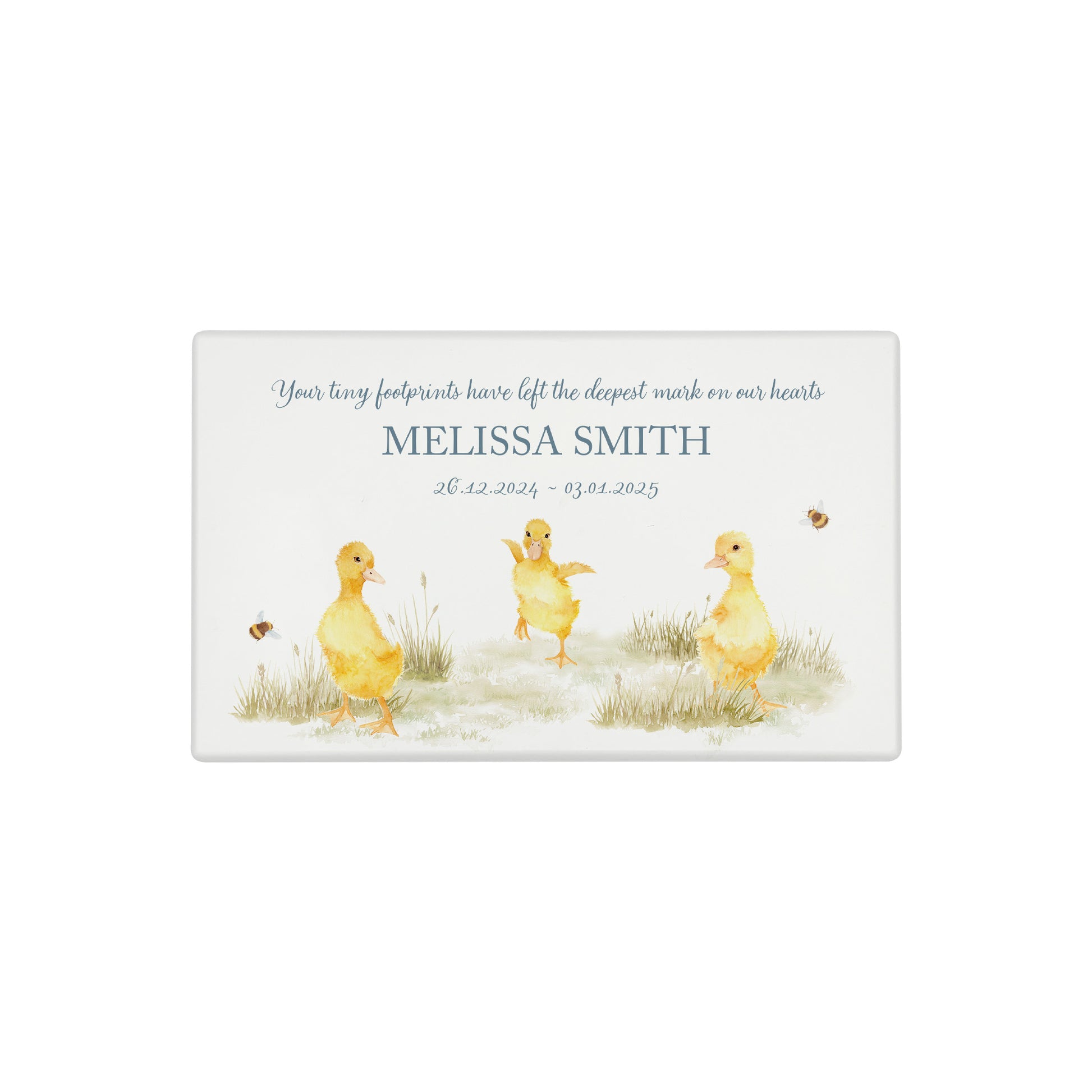Luxury solid wooden white painted Urn ,  Featuring Baby Ducklings, A watercolour illustration, our urns and Caskets for displaying or burying ashes. Customisable and can be personalised. Perfect funeral memory keepsake urn, for storing ashes for humans and pets. Coping with baby loss, baby memorial