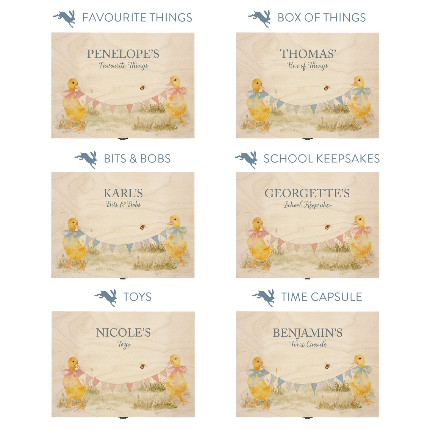 This baby animal design can be personalised by adding a beautiful bunting and a luxurious bow around their necks in blue or pink. Add the extra special touch to your special occasion.  This pictures shows examples of some different ways to personalise your beautiful gift box for your friend, loved one and little person in your life. "Box of things" "School keepsakes" "Time Capsule"  "Favourite things" "Bits and Bobs" "Toys" "Christening memory box"