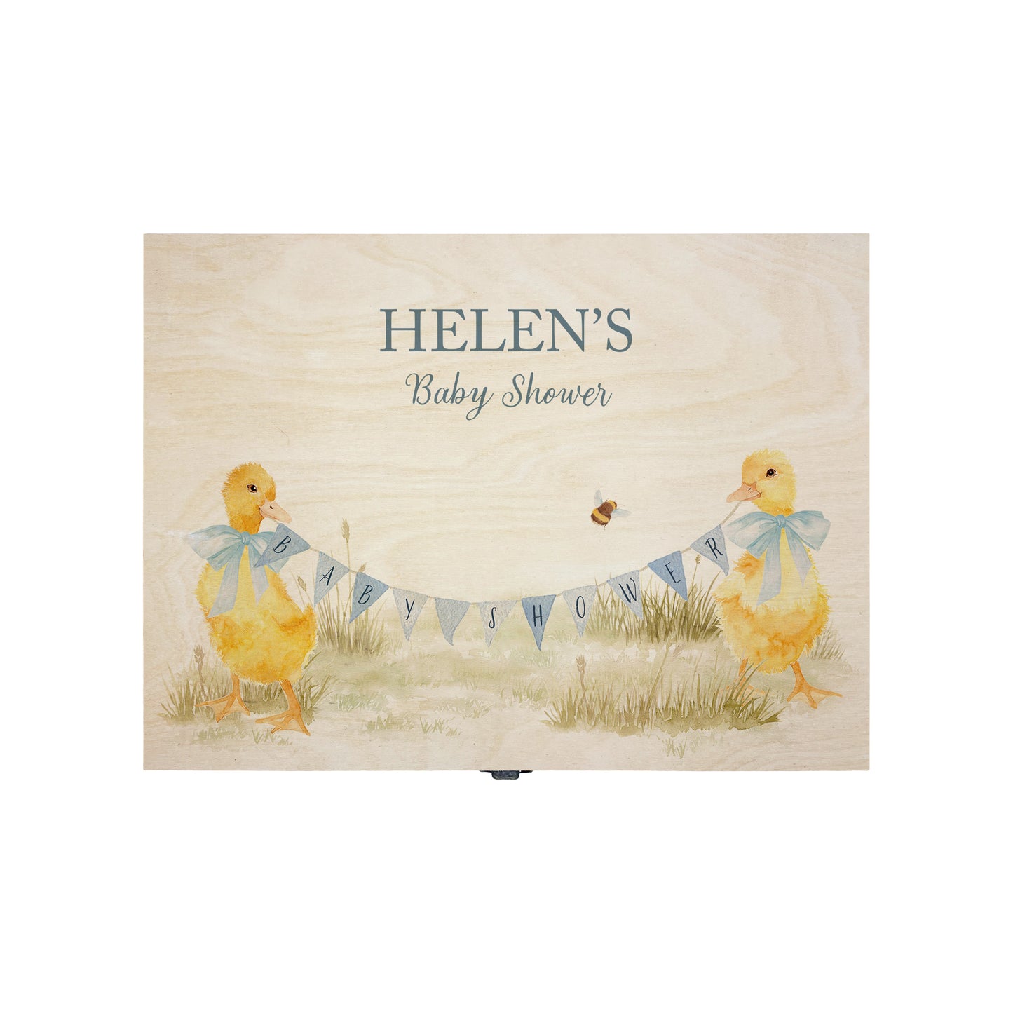 Medium sized wooden pine personalised keepsake box. The design theme is perfect for New babies, Welcome to the world, baby showers and christenings. This design has baby ducklings  in meadow style grass and a buzzy Bee flying around. This design can be personalised by adding a beautiful bunting and a luxurious bow around their necks in blue or pink. Add the extra special touch to your special occasion.