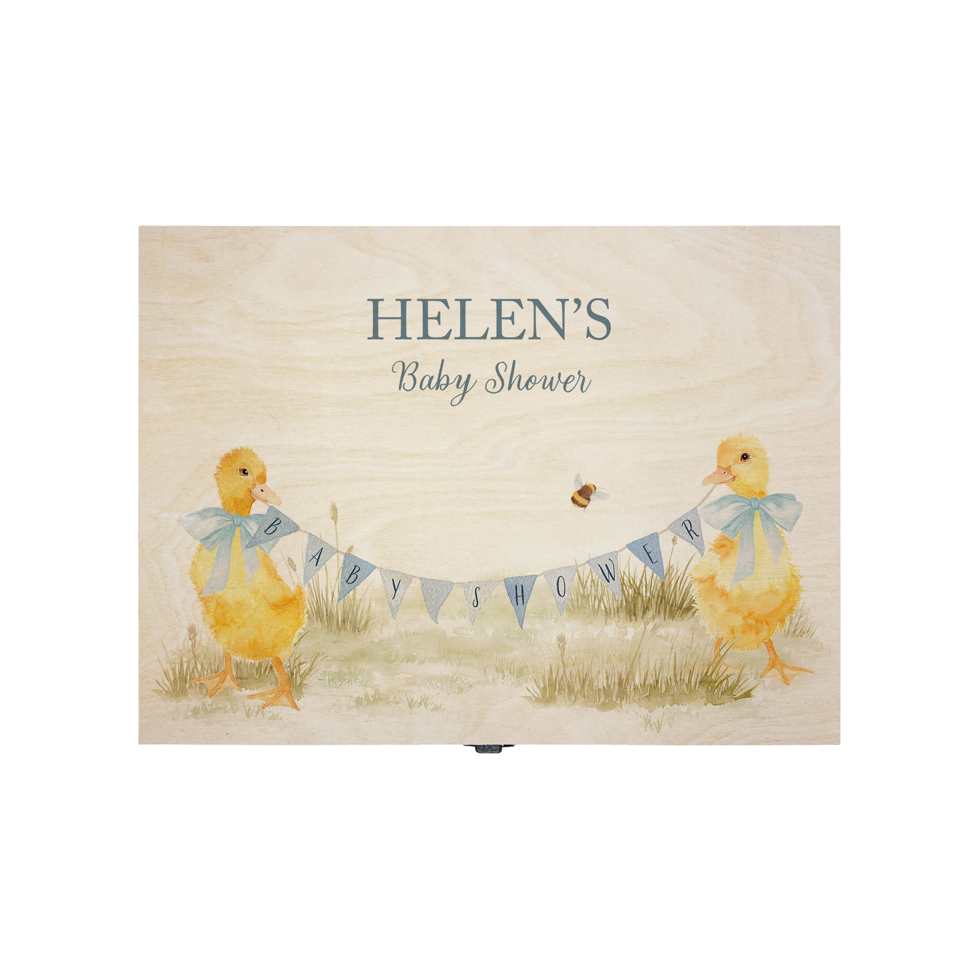 Medium sized wooden pine personalised keepsake box. The design theme is perfect for New babies, Welcome to the world, baby showers and christenings. This design has baby ducklings  in meadow style grass and a buzzy Bee flying around. This design can be personalised by adding a beautiful bunting and a luxurious bow around their necks in blue or pink. Add the extra special touch to your special occasion.