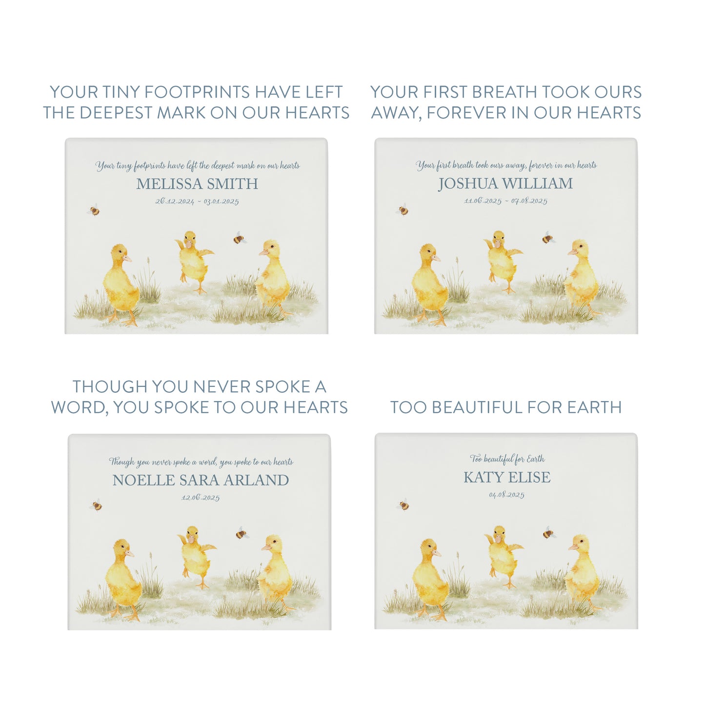Luxury solid wooden white painted with Baby Ducklings in a meadow with buzzy bees, a beautiful watercolour illustration our urns and Caskets for displaying or burying ashes. Customisable and can be personalised. Perfect funeral memory keepsake urn, for storing ashes for humans and pets. Coping with baby loss.
