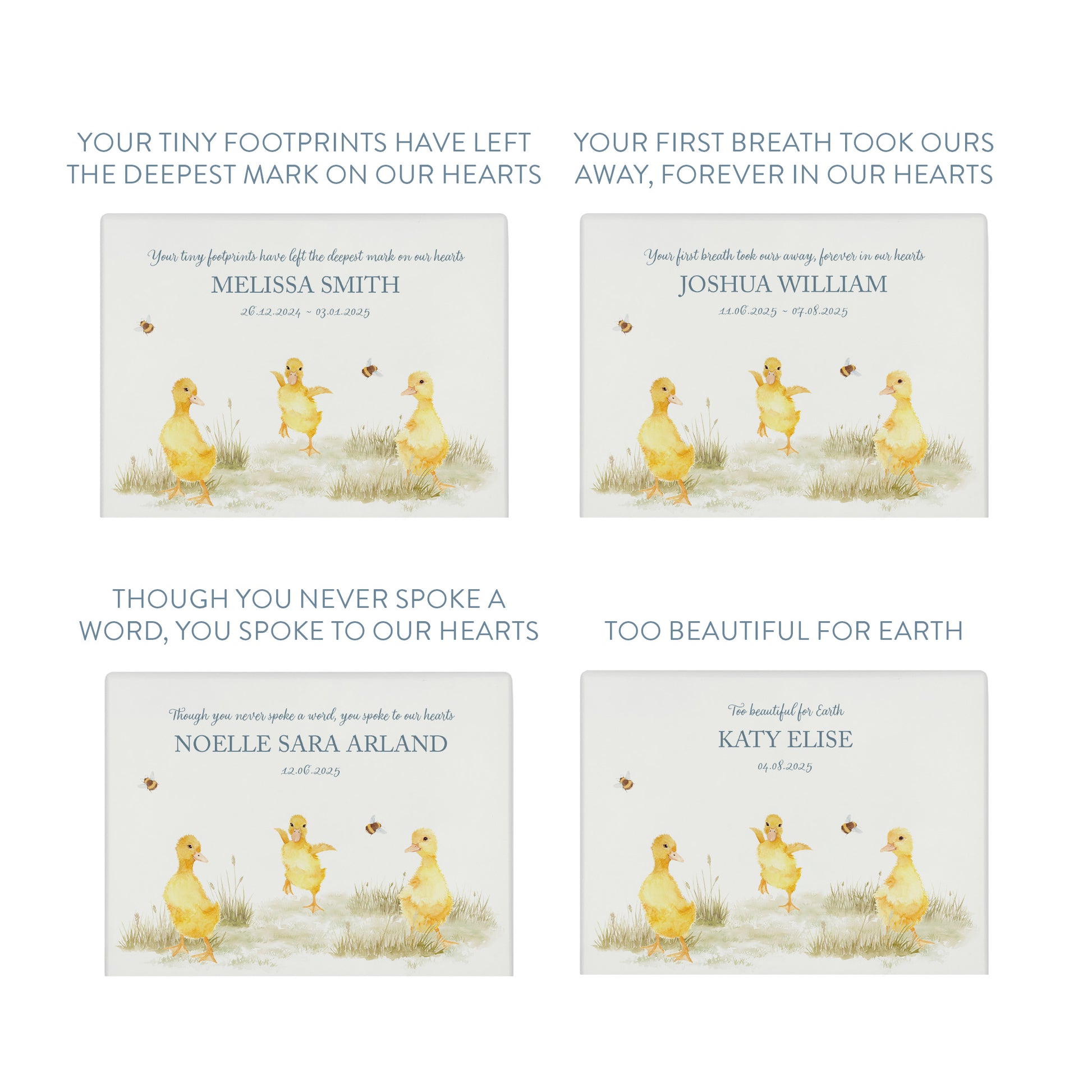 Luxury solid wooden white painted with Baby Ducklings in a meadow with buzzy bees, a beautiful watercolour illustration our urns and Caskets for displaying or burying ashes. Customisable and can be personalised. Perfect funeral memory keepsake urn, for storing ashes for humans and pets. Coping with baby loss.