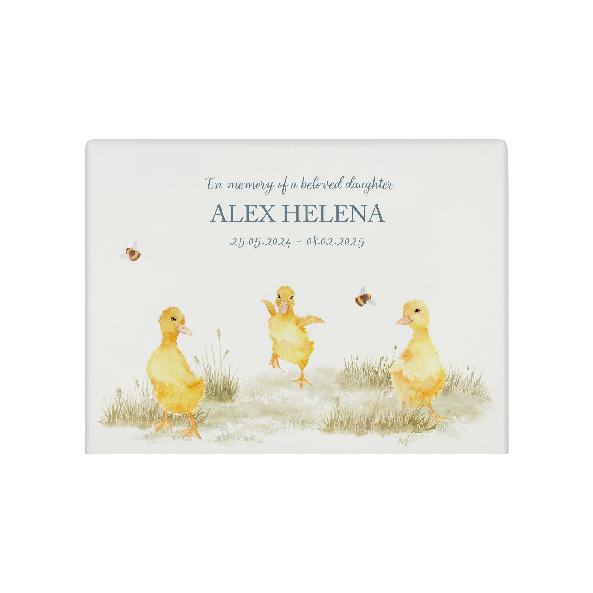 Luxury solid wooden white painted with Baby Ducklings in a meadow with buzzy bees, a beautiful watercolour illustration our urns and Caskets for displaying or burying ashes. Customisable and can be personalised. Perfect funeral memory keepsake urn, for storing ashes for humans and pets. Coping with baby loss.