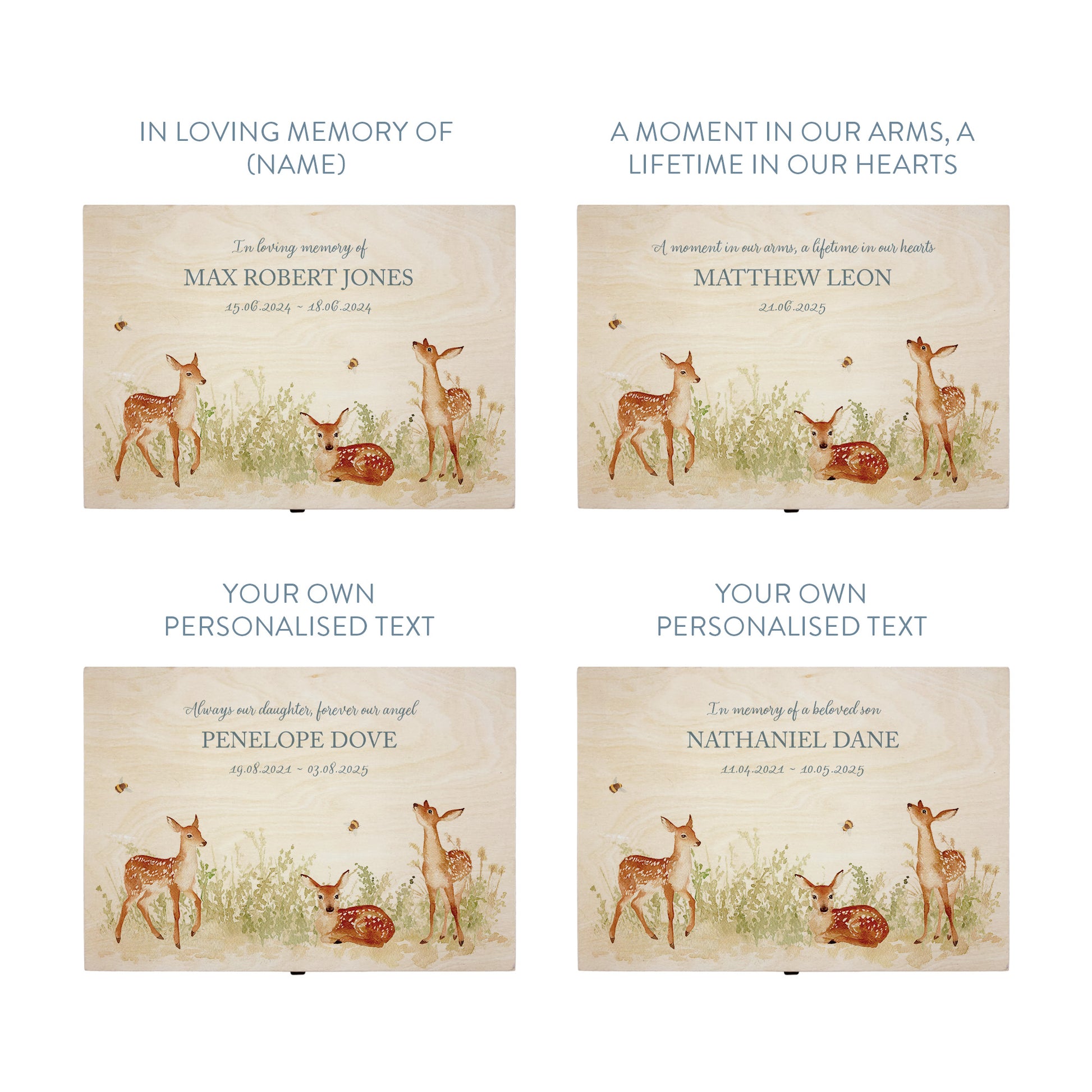 Wooden box with a decorative lid featuring illustrations Baby Fawn Perfect funeral memory keepsake box, for storing ashes, order of service, flowers and coping with baby loss capturing your loved ones things in one place