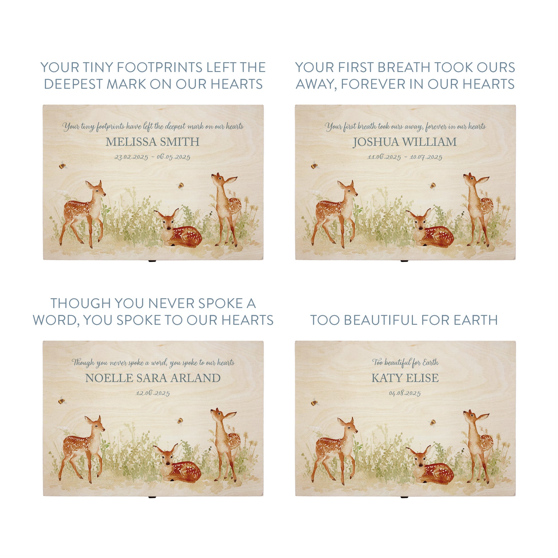 Wooden box with a decorative lid featuring illustrations Baby Fawn Perfect funeral memory keepsake box, for storing ashes, order of service, flowers and coping with baby loss capturing your loved ones things in one place