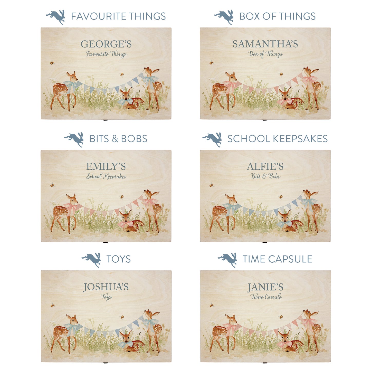 This baby animal design can be personalised by adding a beautiful bunting and a luxurious bow around their necks in blue or pink. Add the extra special touch to your special occasion. This pictures shows examples of some different ways to personalise your beautiful gift box for your friend, loved one and little person in your life. "Box of things" "School keepsakes" "Time Capsule" "Favourite things" "Bits and Bobs" "Toys" "Christening memory box"
