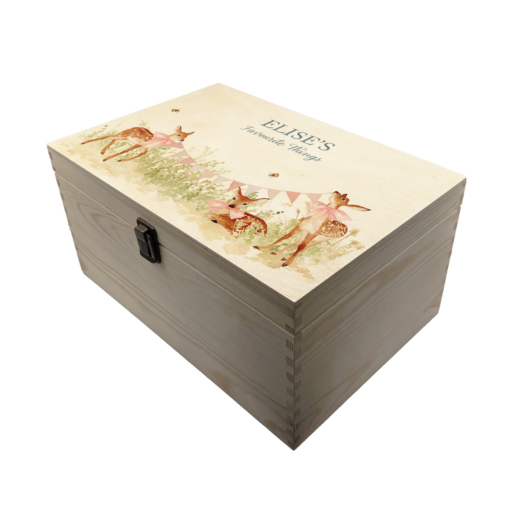 Large sized wooden pine personalised keepsake box. The design theme is perfect for New babies, Welcome to the world, baby showers and christenings. This design has baby Fawns/Deer  in meadow style grass and a buzzy Bee flying around. This design can be personalised by adding a beautiful bunting and a luxurious bow around their necks in blue or pink. Add the extra special touch to your special occasion.
