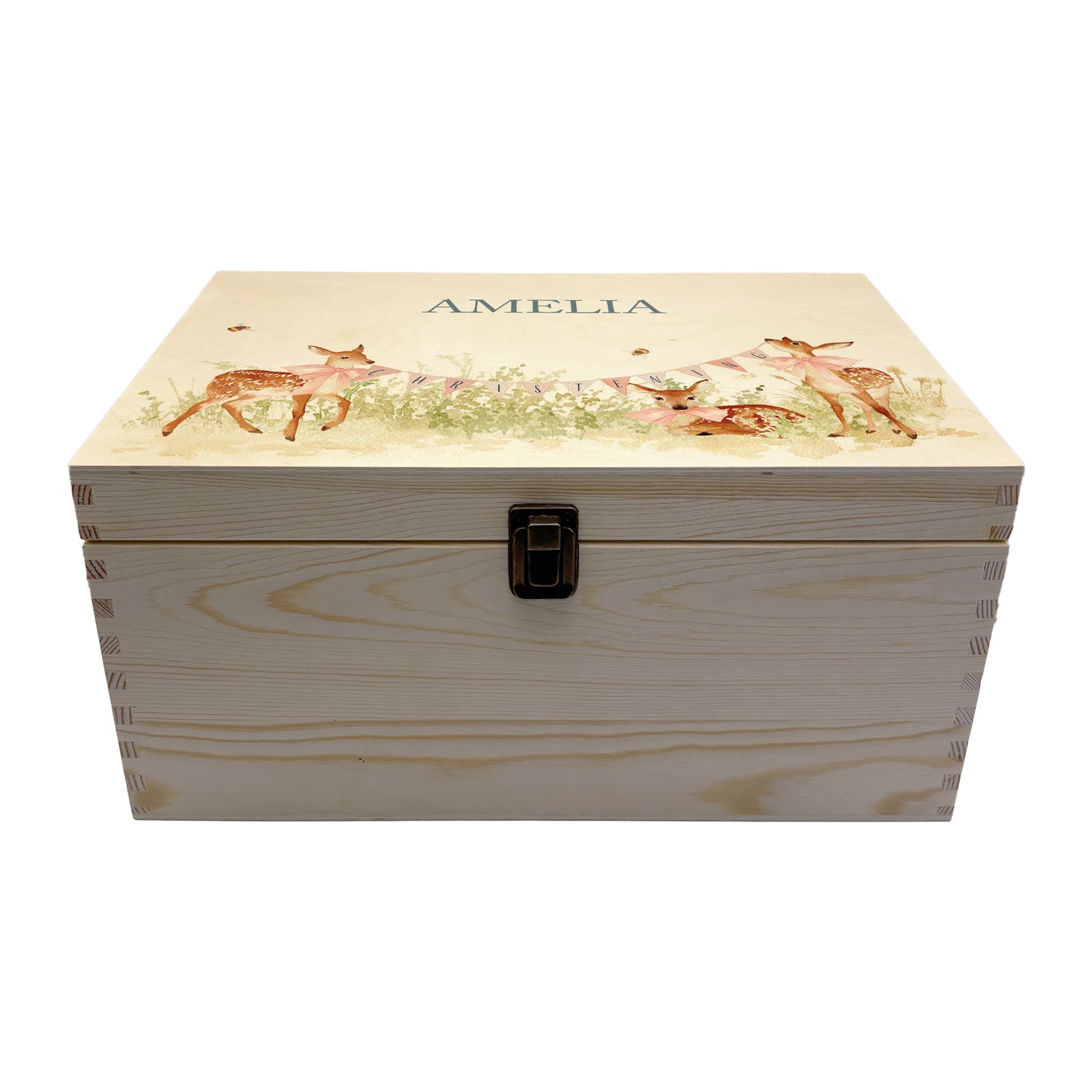 Large sized wooden pine personalised keepsake box. The design theme is perfect for New babies, Welcome to the world, baby showers and christenings. This design has baby Fawns/Deer in meadow style grass and a buzzy Bee flying around. This design can be personalised by adding a beautiful bunting and a luxurious bow around their necks in blue or pink. Add the extra special touch to your special occasion.