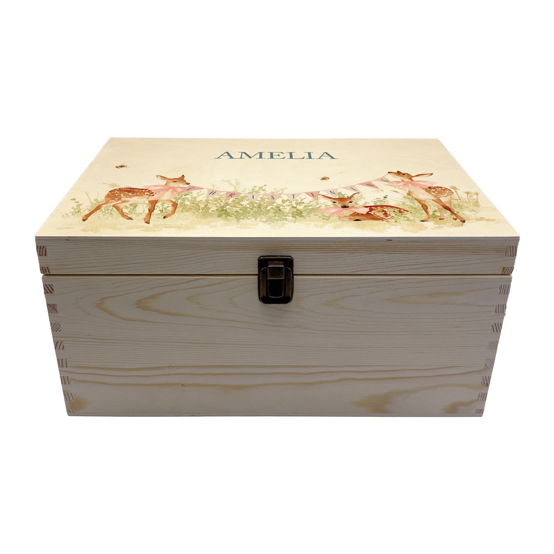 Large sized wooden pine personalised keepsake box. The design theme is perfect for New babies, Welcome to the world, baby showers and christenings. This design has baby Fawns/Deer  in meadow style grass and a buzzy Bee flying around. This design can be personalised by adding a beautiful bunting and a luxurious bow around their necks in blue or pink. Add the extra special touch to your special occasion.