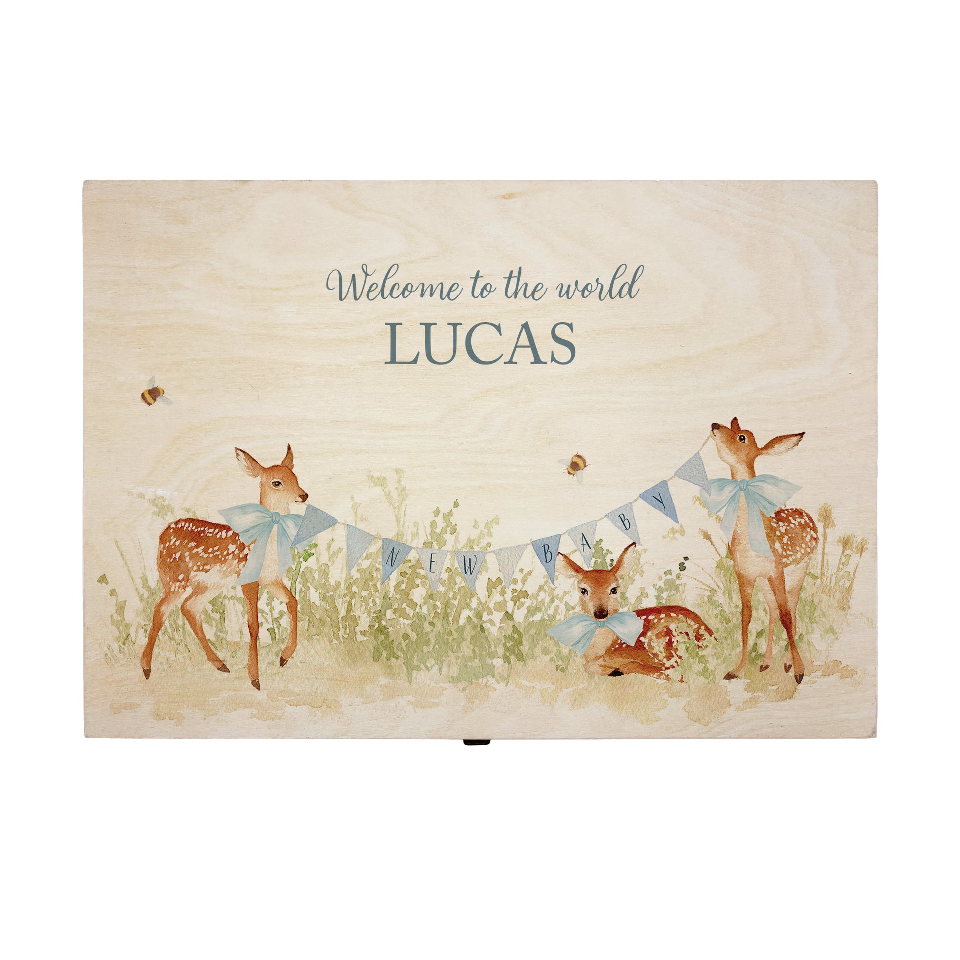 Large sized wooden pine personalised keepsake box. The design theme is perfect for New babies, Welcome to the world, baby showers and christenings. This design has baby Fawns/Deer  in meadow style grass and a buzzy Bee flying around. This design can be personalised by adding a beautiful bunting and a luxurious bow around their necks in blue or pink. Add the extra special touch to your special occasion.