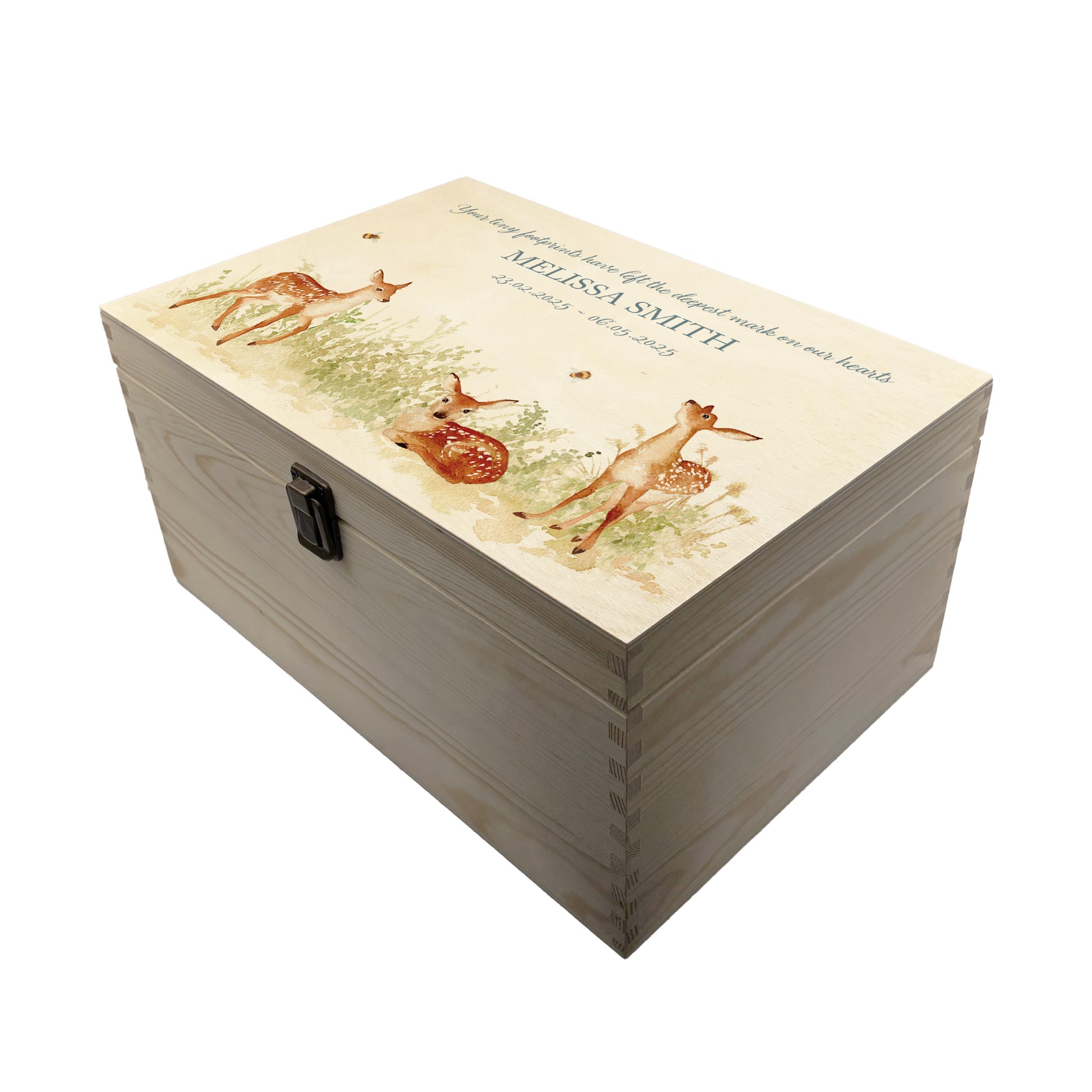 Wooden box with a decorative lid featuring illustrations Baby Fawn Perfect funeral memory keepsake box, for storing ashes, order of service, flowers and coping with baby loss capturing your loved ones things in one place