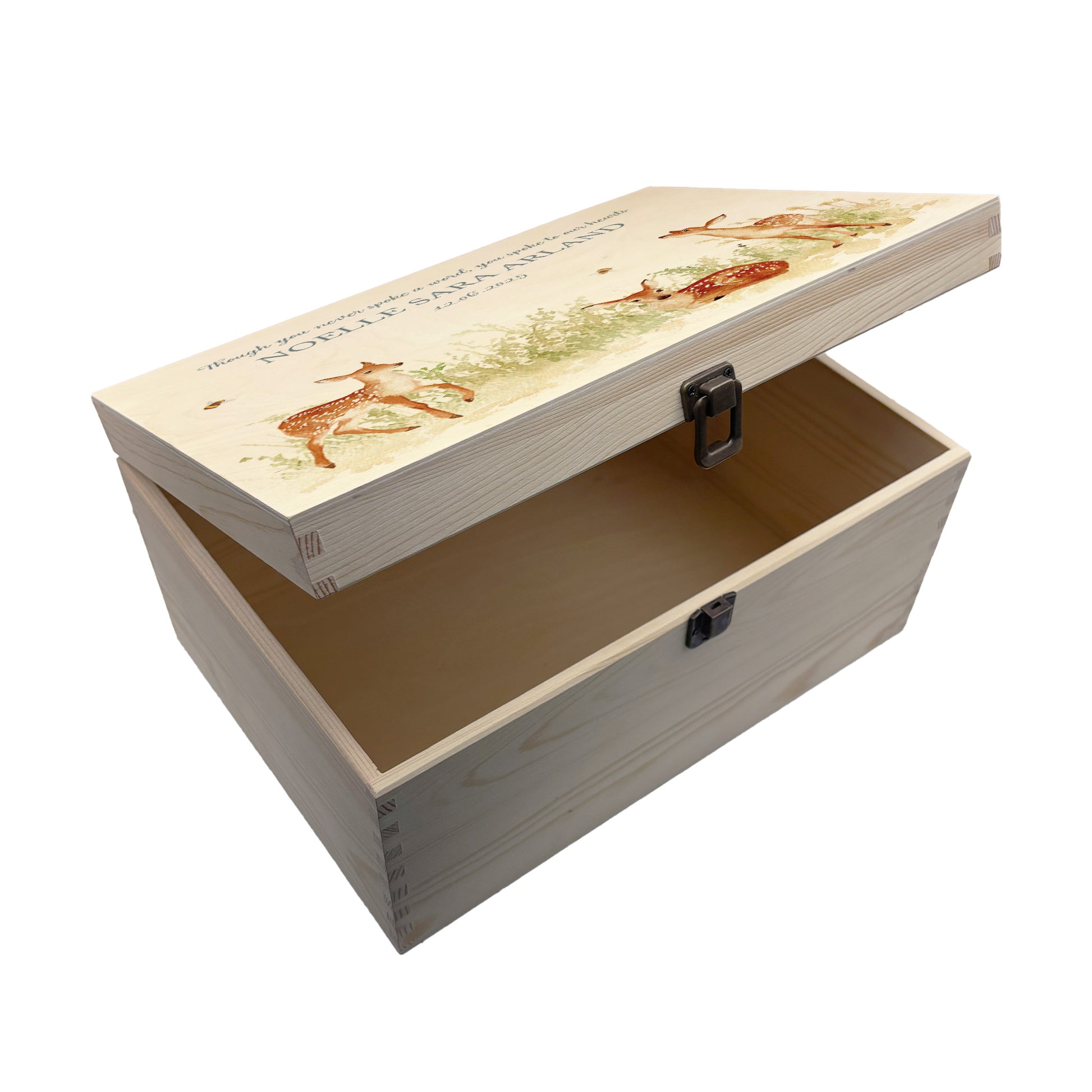 Wooden box with a decorative lid featuring illustrations Baby Fawn Perfect funeral memory keepsake box, for storing ashes, order of service, flowers and coping with baby loss capturing your loved ones things in one place