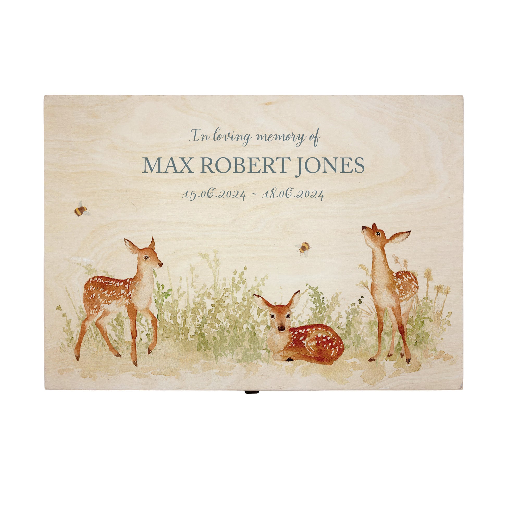 Wooden box with a decorative lid featuring illustrations Baby Fawn Perfect funeral memory keepsake box, for storing ashes, order of service, flowers and coping with baby loss capturing your loved ones things in one place