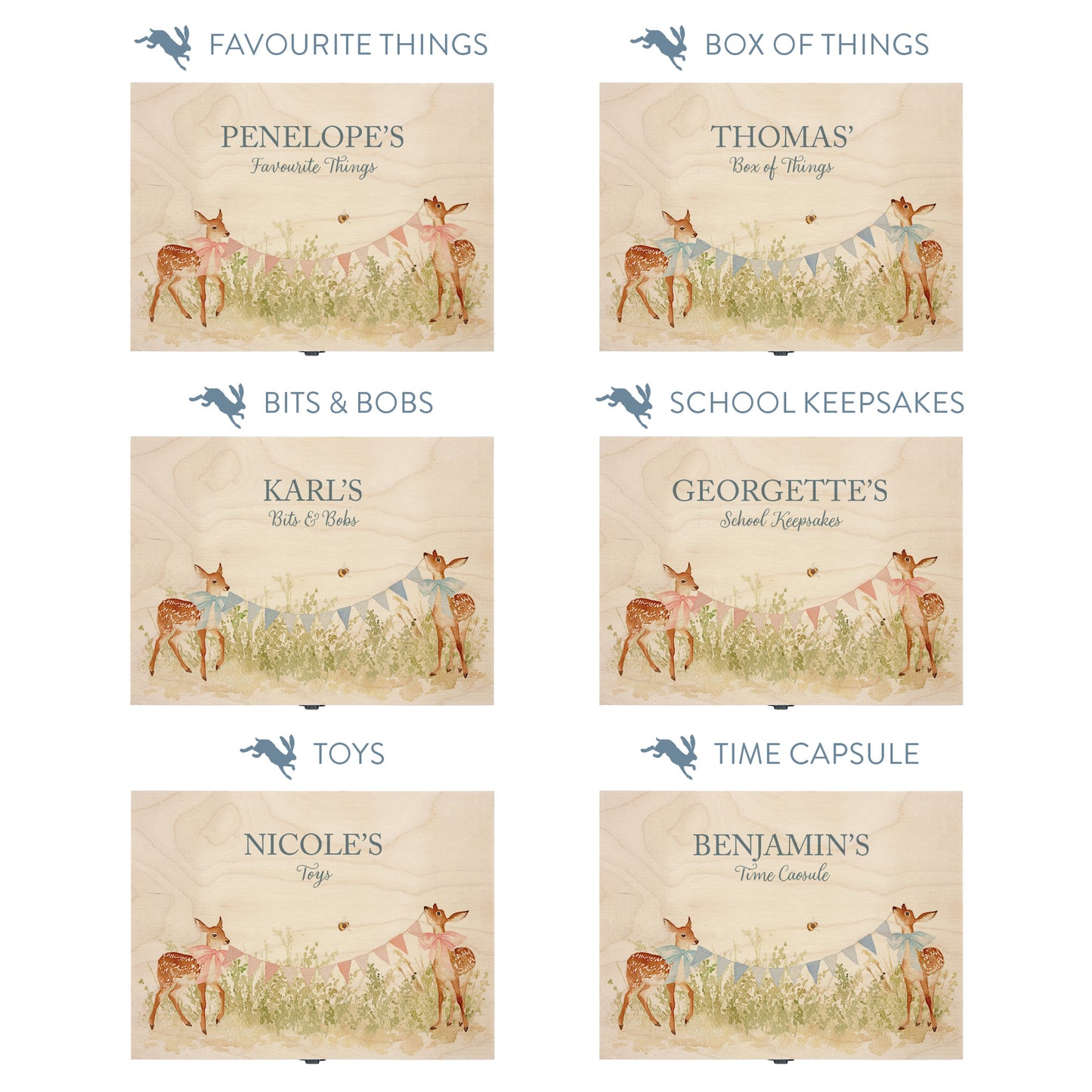 This baby animal design can be personalised by adding a beautiful bunting and a luxurious bow around their necks in blue or pink. Add the extra special touch to your special occasion.  This pictures shows examples of some different ways to personalise your beautiful gift box for your friend, loved one and little person in your life. "Box of things" "School keepsakes" "Time Capsule"  "Favourite things" "Bits and Bobs" "Toys" "Christening memory box"