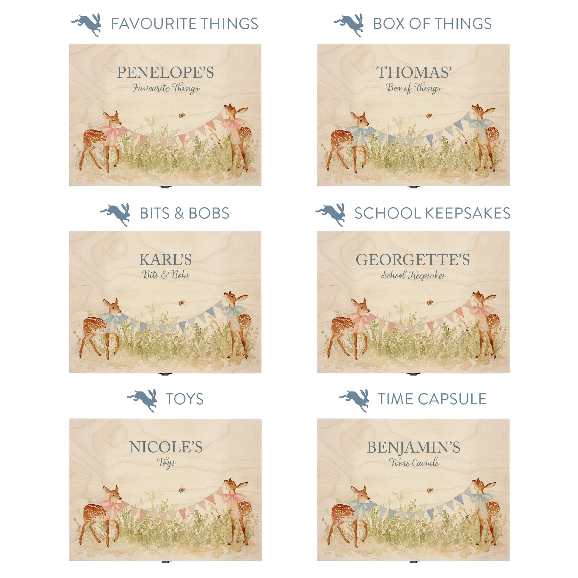 This baby animal design can be personalised by adding a beautiful bunting and a luxurious bow around their necks in blue or pink. Add the extra special touch to your special occasion.  This pictures shows examples of some different ways to personalise your beautiful gift box for your friend, loved one and little person in your life. "Box of things" "School keepsakes" "Time Capsule"  "Favourite things" "Bits and Bobs" "Toys" "Christening memory box"