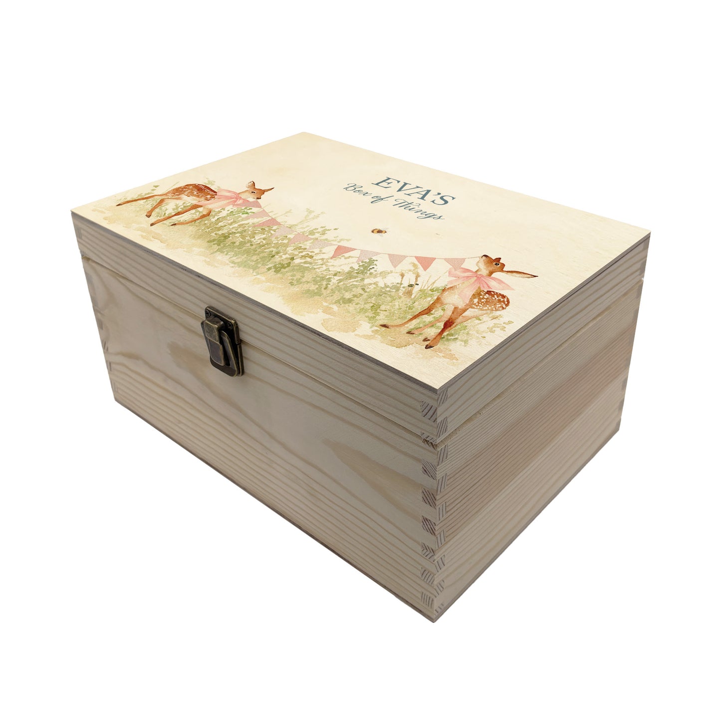 Medium sized wooden pine personalised keepsake box. The design theme is perfect for New babies, Welcome to the world, baby showers and christenings. This design has baby Fawns/Deer  in meadow style grass and a buzzy Bee flying around. This design can be personalised by adding a beautiful bunting and a luxurious bow around their necks in blue or pink. Add the extra special touch to your special occasion.
