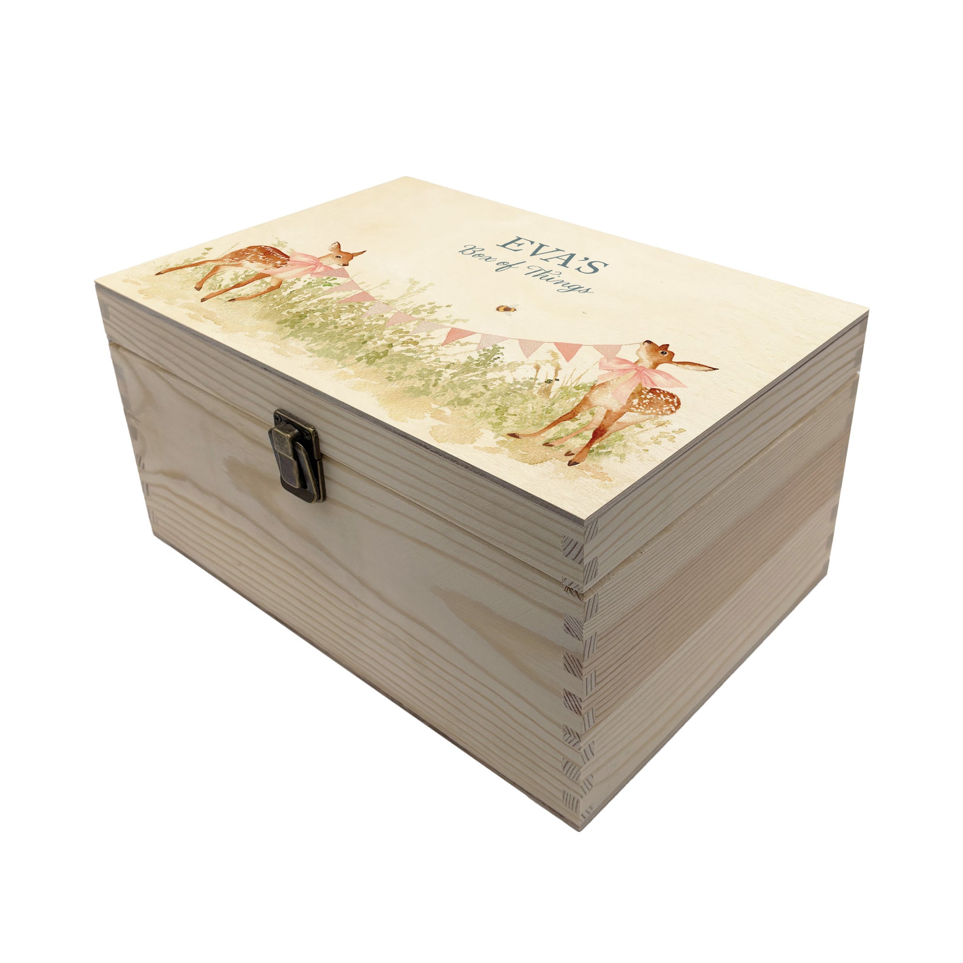 Medium sized wooden pine personalised keepsake box. The design theme is perfect for New babies, Welcome to the world, baby showers and christenings. This design has baby Fawns/Deer  in meadow style grass and a buzzy Bee flying around. This design can be personalised by adding a beautiful bunting and a luxurious bow around their necks in blue or pink. Add the extra special touch to your special occasion.