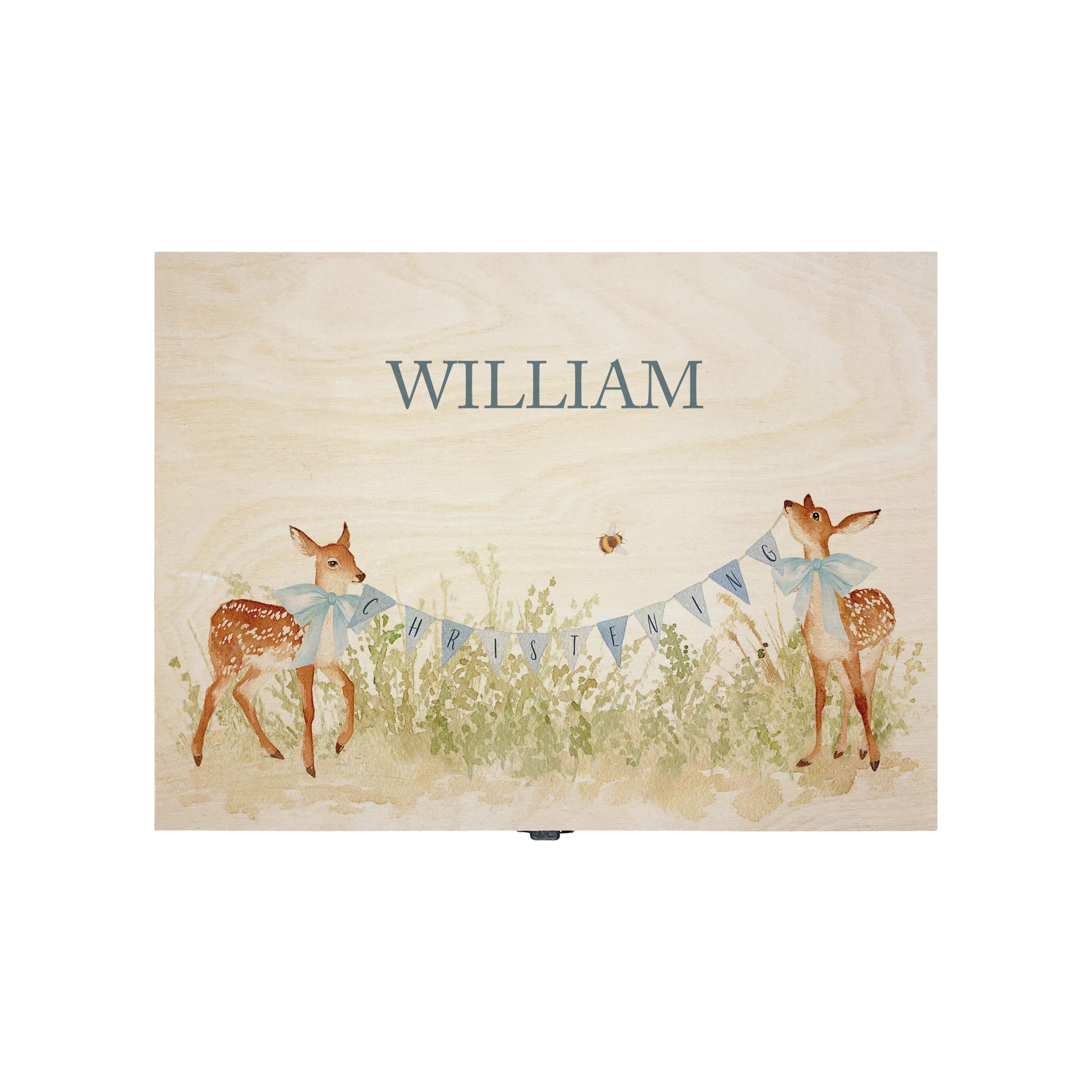 Medium sized wooden pine personalised keepsake box. The design theme is perfect for New babies, Welcome to the world, baby showers and christenings. This design has baby Fawns/Deer  in meadow style grass and a buzzy Bee flying around. This design can be personalised by adding a beautiful bunting and a luxurious bow around their necks in blue or pink. Add the extra special touch to your special occasion.