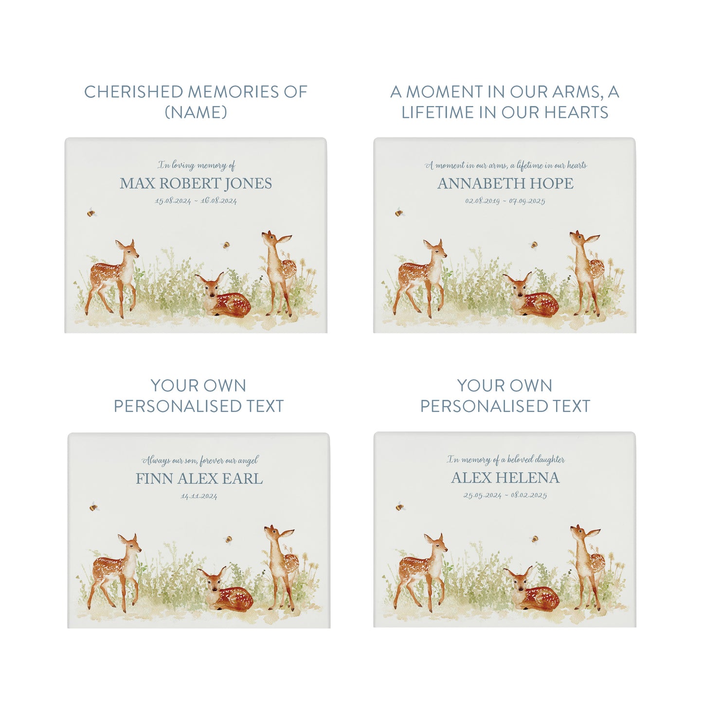 Luxury solid wooden white painted with Baby Fawn in a meadow with buzzy bees, a beautiful watercolour illustration our urns and Caskets for displaying or burying ashes. Customisable and can be personalised. Perfect funeral memory keepsake urn, for storing ashes for humans and pets. Coping with baby loss.