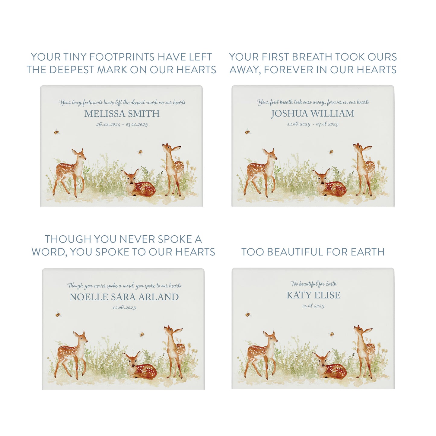 Luxury solid wooden white painted with Baby Fawn in a meadow with buzzy bees, a beautiful watercolour illustration our urns and Caskets for displaying or burying ashes. Customisable and can be personalised. Perfect funeral memory keepsake urn, for storing ashes for humans and pets. Coping with baby loss.