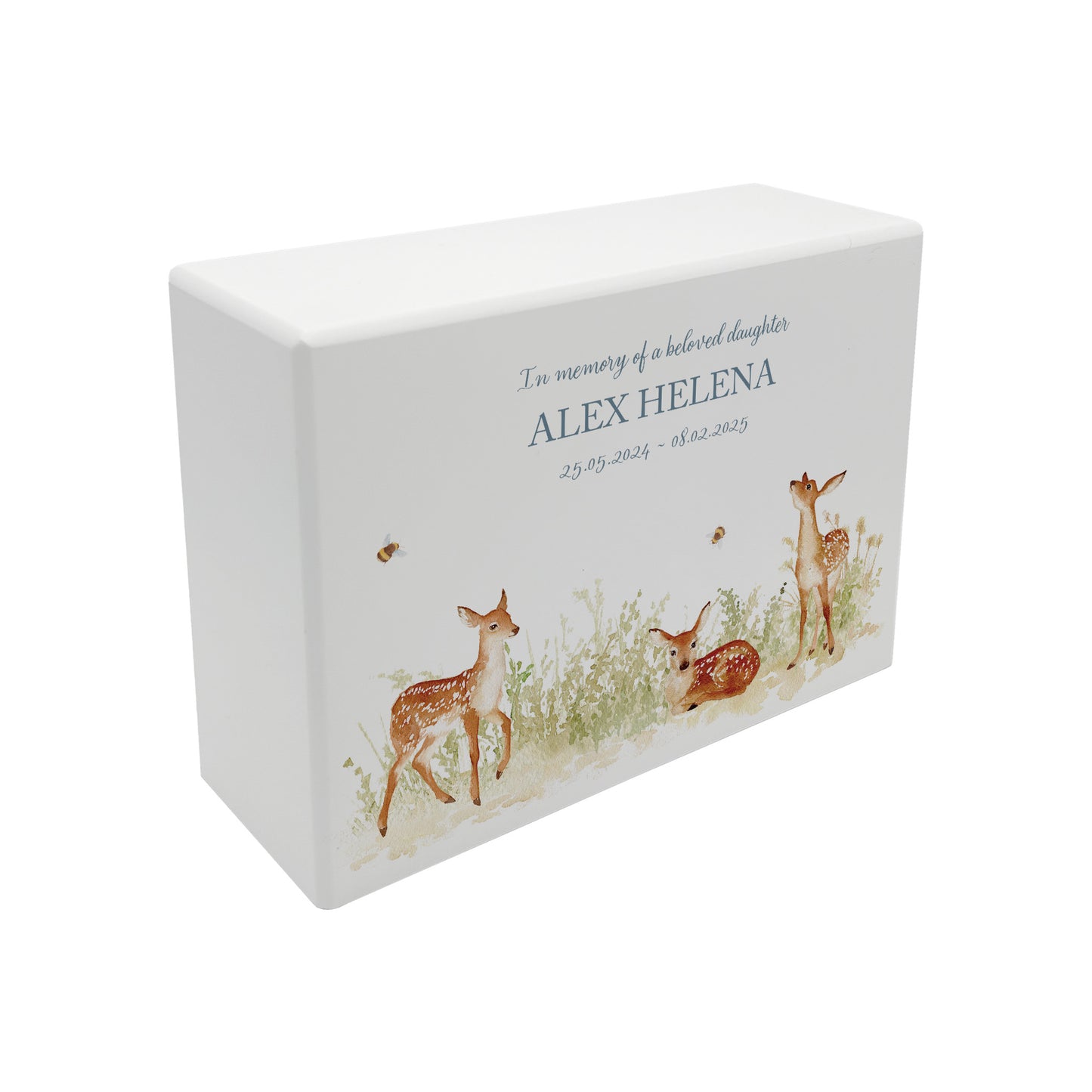 Luxury solid wooden white painted with Baby Fawn in a meadow with buzzy bees, a beautiful watercolour illustration our urns and Caskets for displaying or burying ashes. Customisable and can be personalised. Perfect funeral memory keepsake urn, for storing ashes for humans and pets. Coping with baby loss.