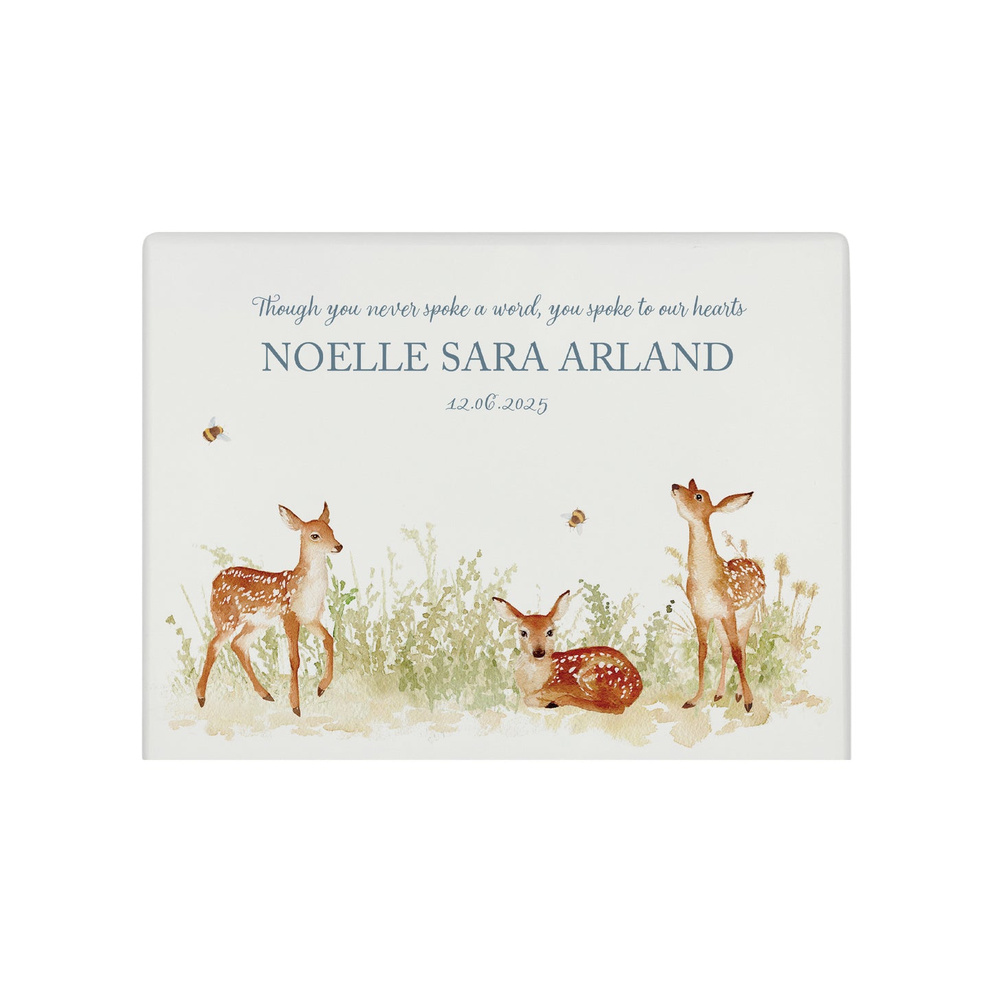 Luxury solid wooden white painted with Baby Fawn in a meadow with buzzy bees, a beautiful watercolour illustration our urns and Caskets for displaying or burying ashes. Customisable and can be personalised. Perfect funeral memory keepsake urn, for storing ashes for humans and pets. Coping with baby loss.