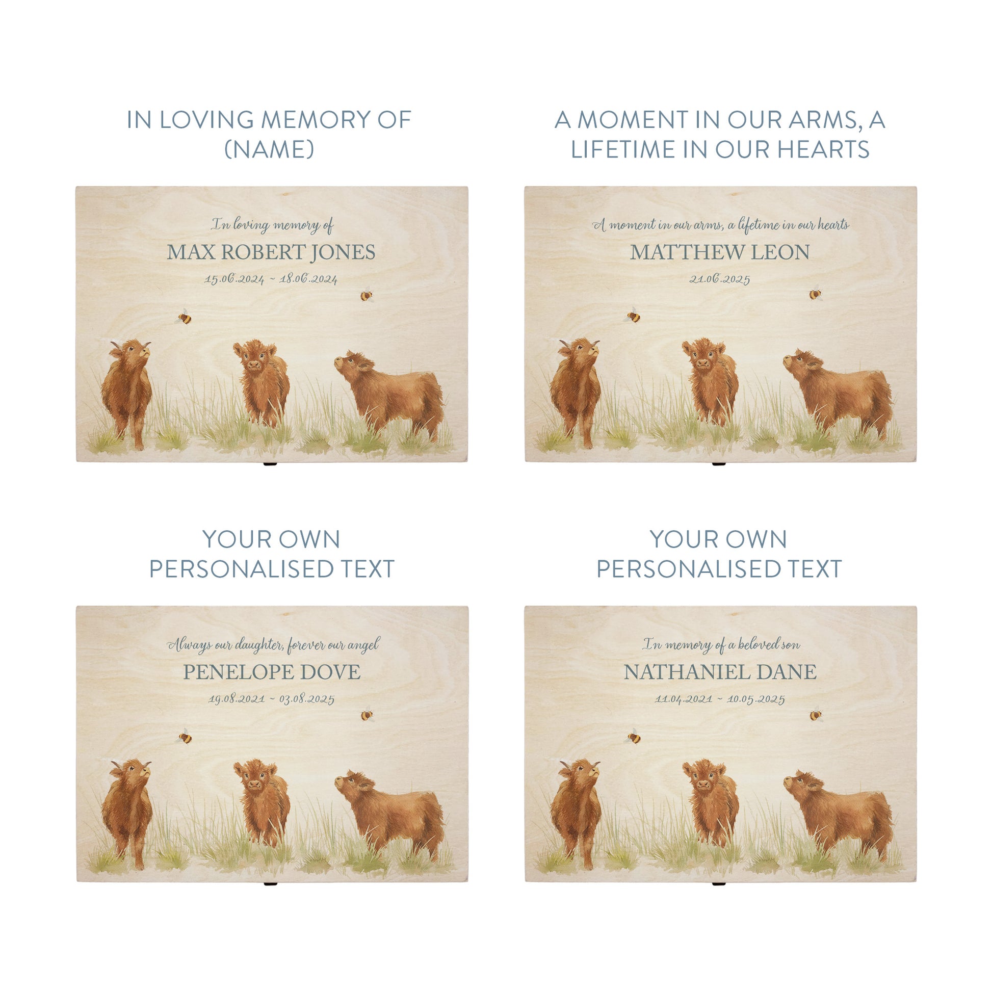 Wooden box with a decorative lid featuring illustrations Baby Highland Cow Perfect funeral memory keepsake box, for storing ashes, order of service, flowers and coping with baby loss capturing your loved ones things in one place